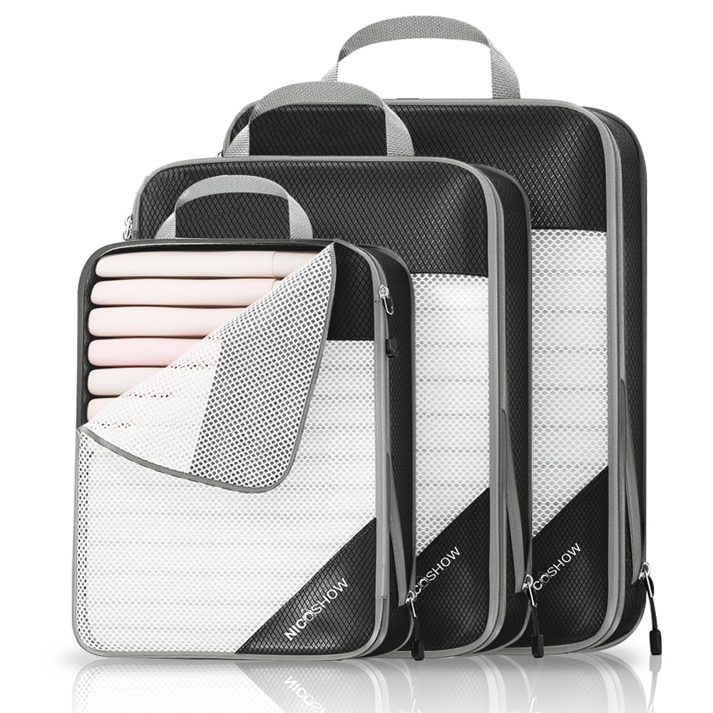 NICOSHOW 3 Set Compression Packing Cubes for Travel - Compressible, Lightweight, and Space-Saving Packing Cubes, Travel Essentials for Women, Black