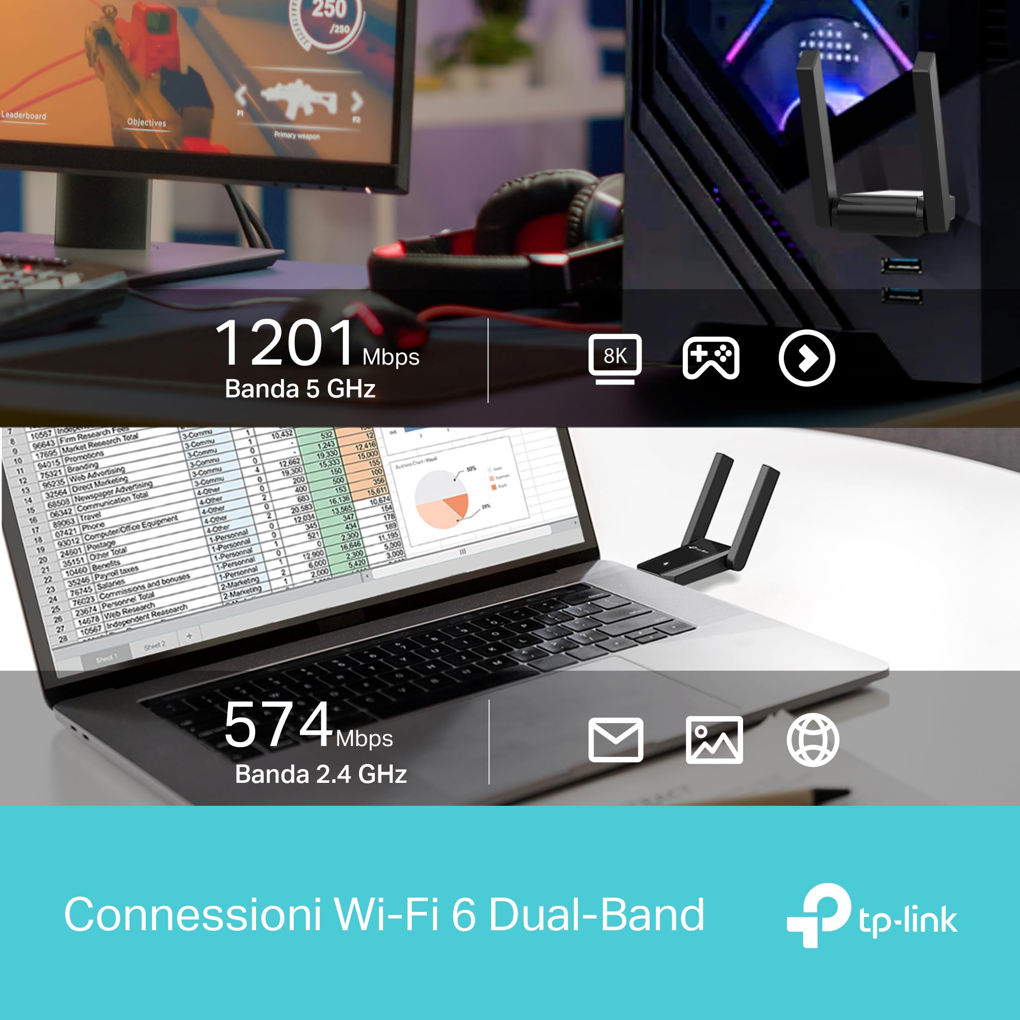 TP-Link Archer TX30U Plus WiFi 6 WiFi USB 3.0 AX1800Mbps, 2 Antenne ad Alto Guadagno Multi-Direzionale, Wireless Dual Band 5GHz 1201 Mbps+ 2.4GHz 574 Mbps, Supporta Windows 11/10, MU-MIMO, OFDMA