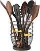 SODSAI 360° Rotating Utensil Holder with Premium Wooden Base, Large Iron Kitchen Organizer for Countertop, Farmhouse & Modern Style Kitchen Storage Basket