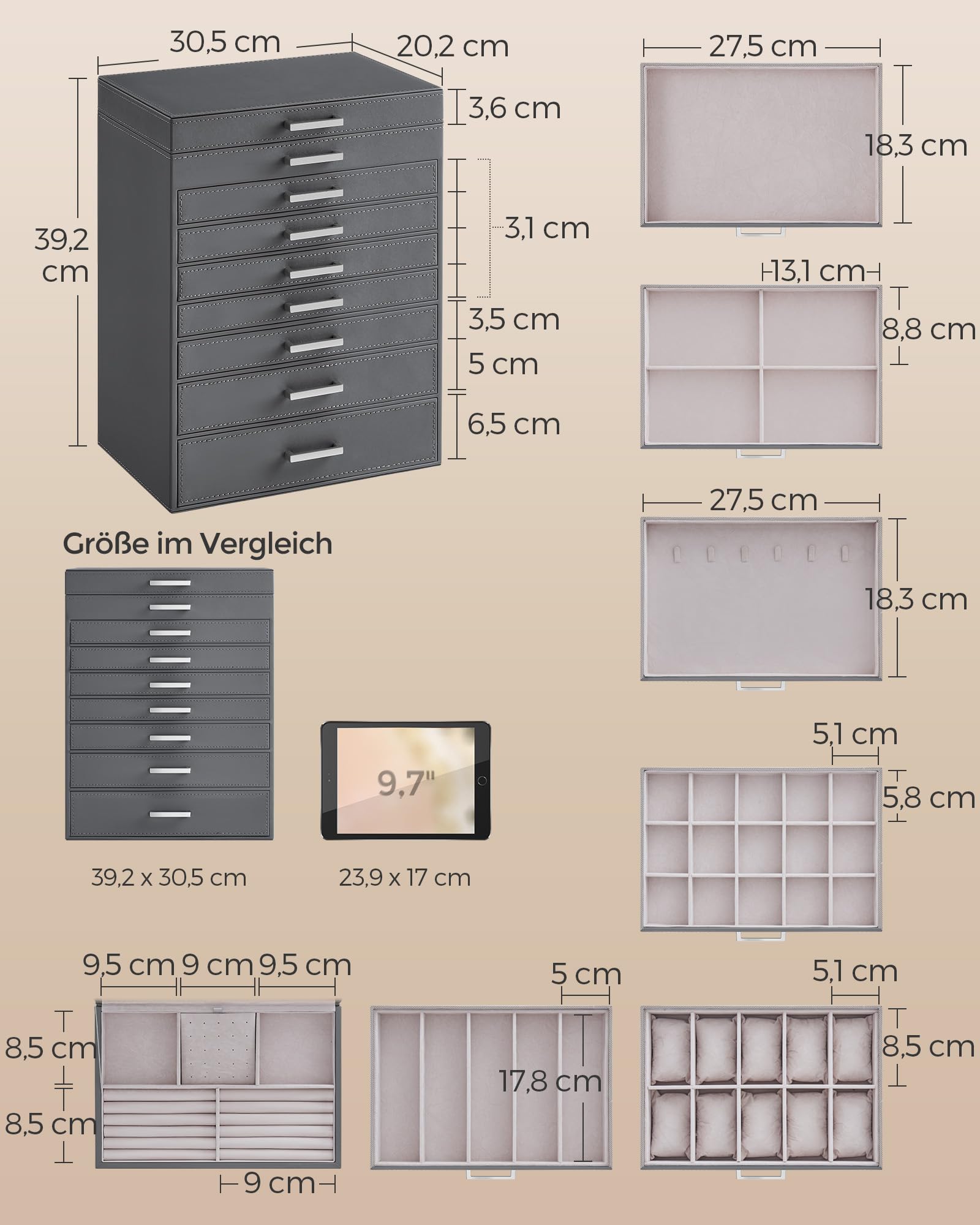 SONGMICS Scatola Portagioie, 8 Ripiani, Porta Gioielli con Grande Specchio, 7 Cassetti, Capiente, Portagioie Moderno, Idea Regalo, Grigio Ardesia JBC008G02