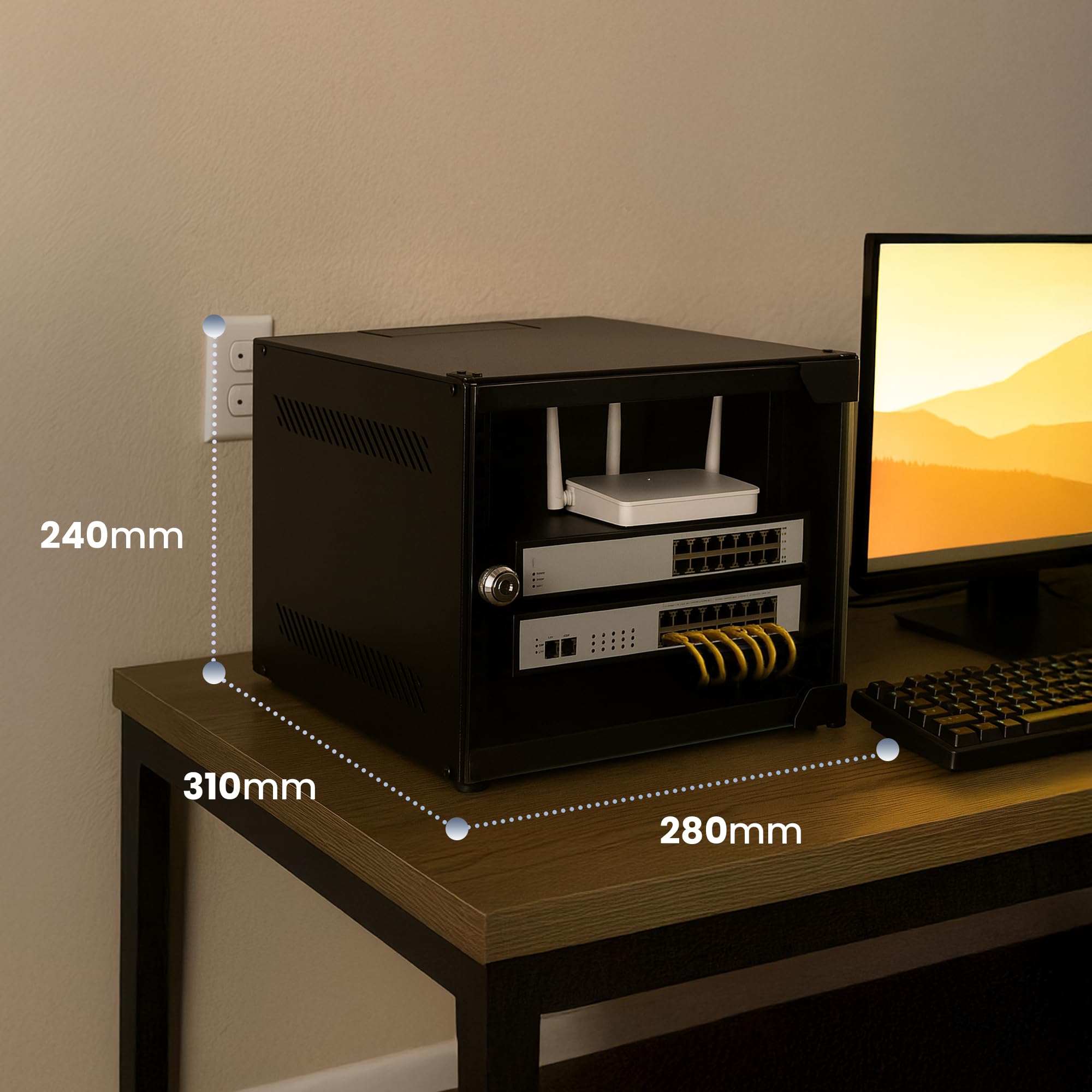 Extralink Armario Rack de 10" 4U - Armario de Red de 310 mm, Montaje en Pared o Suelo, hasta 30 kg, Puerta de Cristal Templado, Apertura de 180°, Negro - para Red doméstica y Equipos informáticos