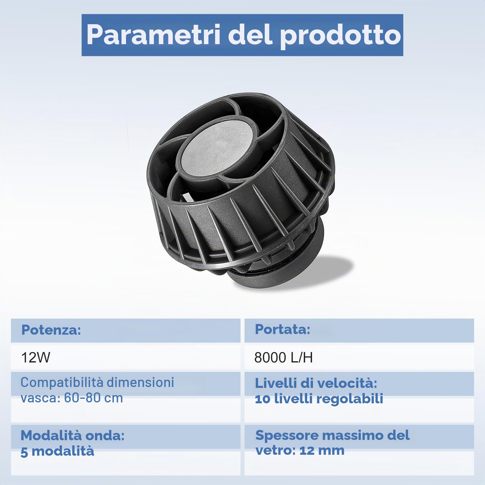 Pompa di Movimento Acquario, Pompa Mini 12W | con 5 Modalità & 10 Velocità, Portata 8000L/H, Magnetica per Acquari fino a 80cm – Bluetooth & Sensore di Luce