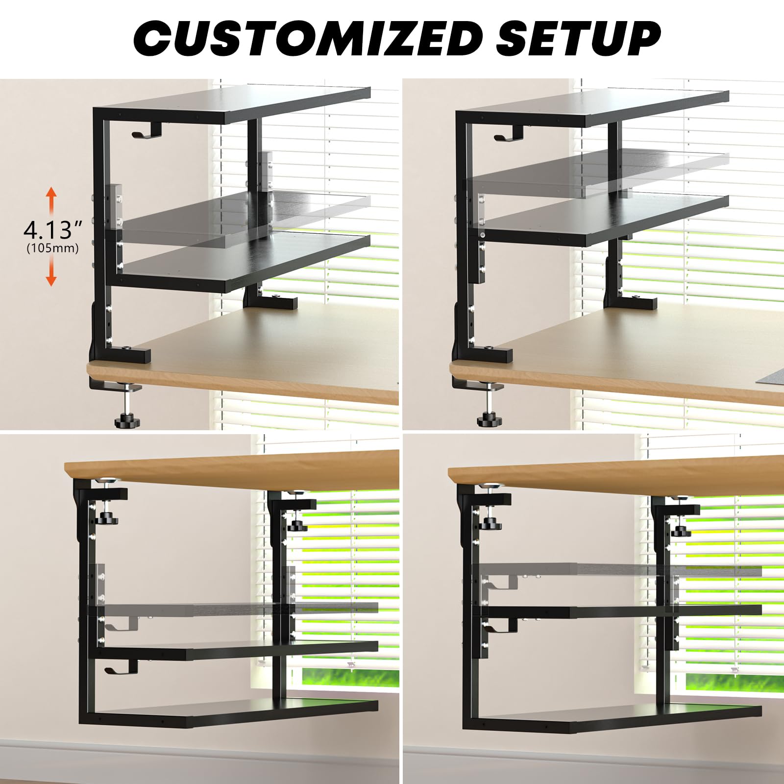 PUTORSEN 24-Zoll Clamp-on Schreibtisch Organizer - 2 Tier Schreibtisch Regal DIY Regal unter Schreibtisch für Gaming-Geräte, Tischzubehör und mehr, Schwarz