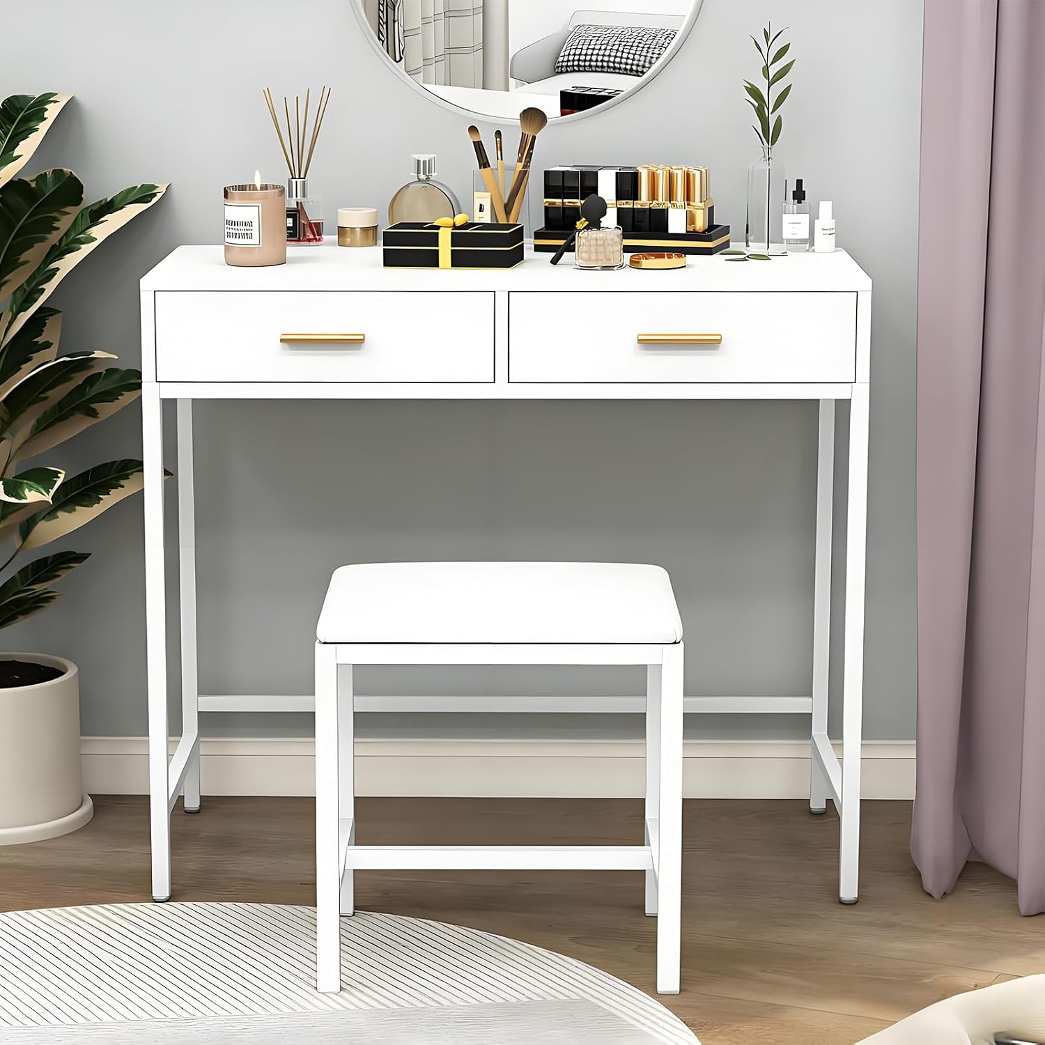 Vanity Desk No Mirror, Premium White Vanity Desk No Mirror with Drawers & Chair, Elegant & Stabel,35" Lx16 Wx31 H
