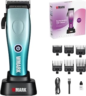 WMARK Professional Rechargeable Cordless Hair Clipper, MIM Metal Injection Molding Fixed Blade, 8800 RPM High Speed Motor, Hair Trimmer with Charging Base for Barber & Home Use NG-7013 (Green)