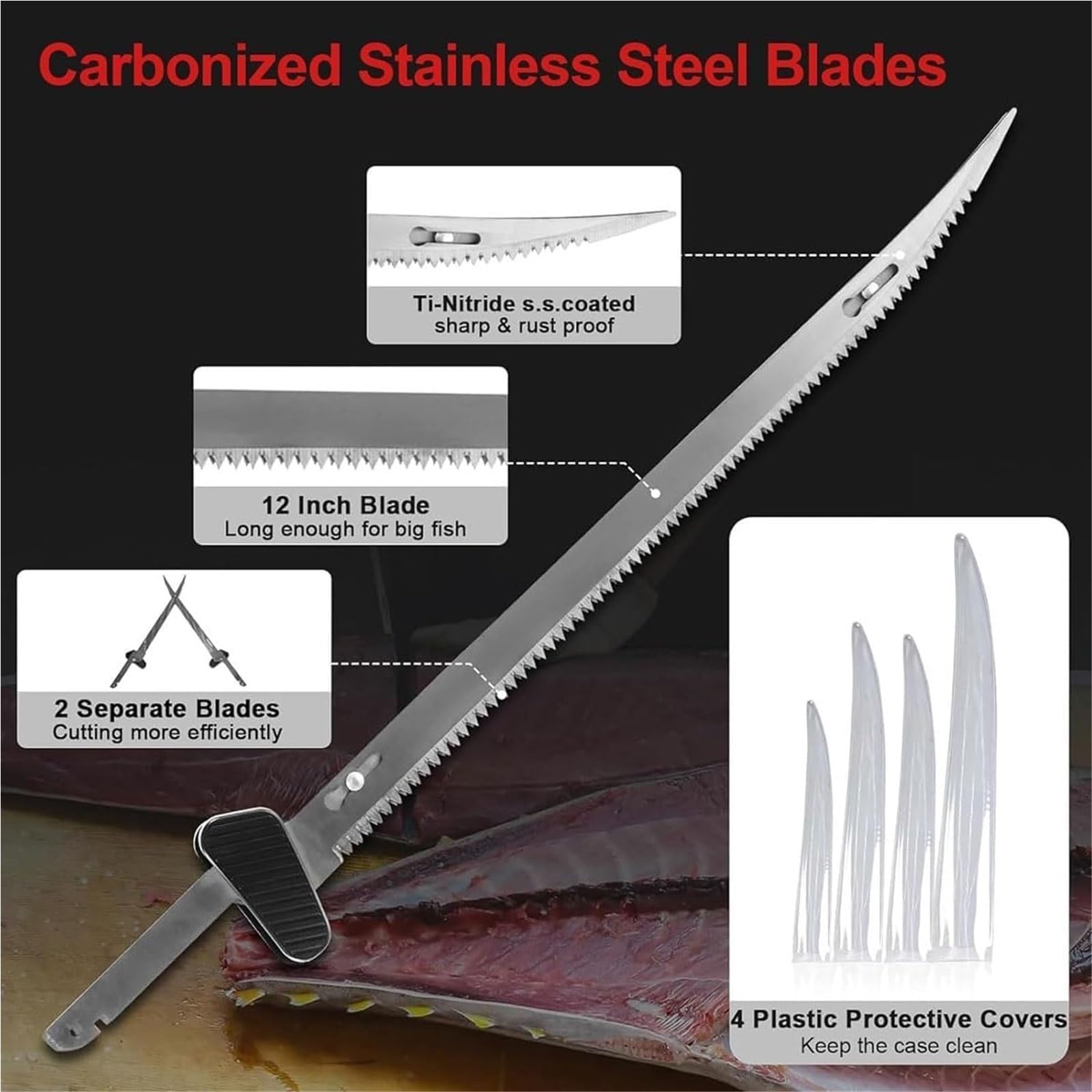 Cuchillo eléctrico inalámbrico for filetear pescado, cuchillo de pesca inalámbrico y recargable con 4 hojas recubiertas de titanio, 2 pilas, mango antideslizante y cierre de seguridad, for carne y pan