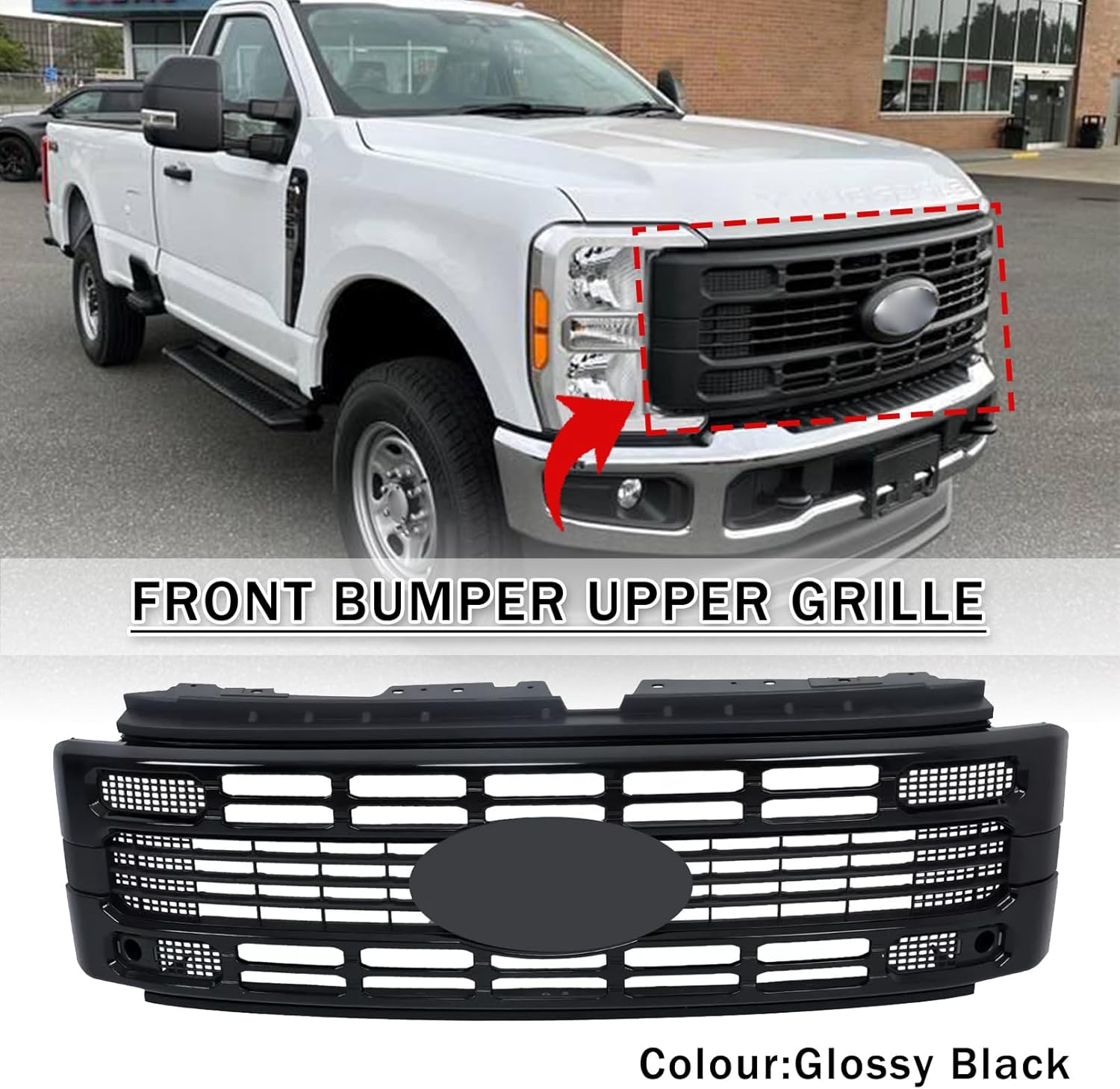 Front Bumper Grille Fit For 2023-2025 Ford F250 F350 F450 F550 Super Duty XL/XLT Front Upper Grill Grille Assembly Replacement For PC3Z8200AB,PC3Z8213A (Glossy Black)