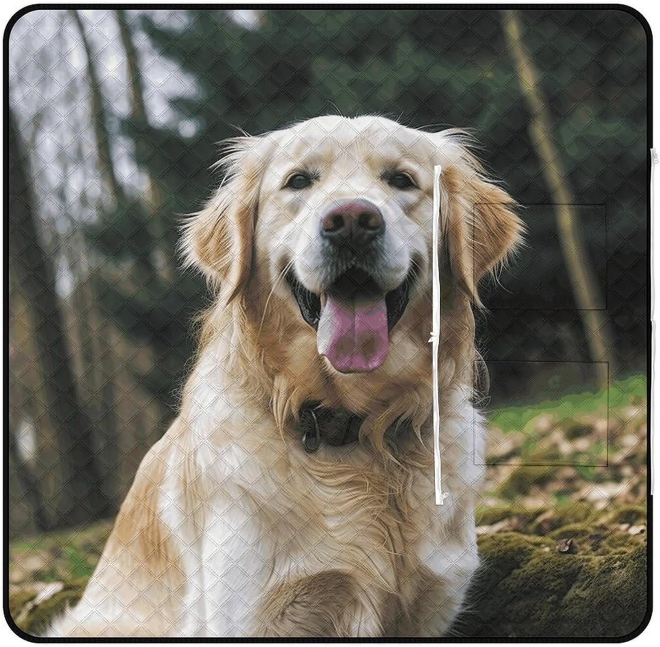 Funny Golden Retriever Picnic Blanket with Zipper Water Resistant Sand Free Picnic Mat Washable Foldable Easy Carry Beach Blanket for Lawn Beach Hiking Camping