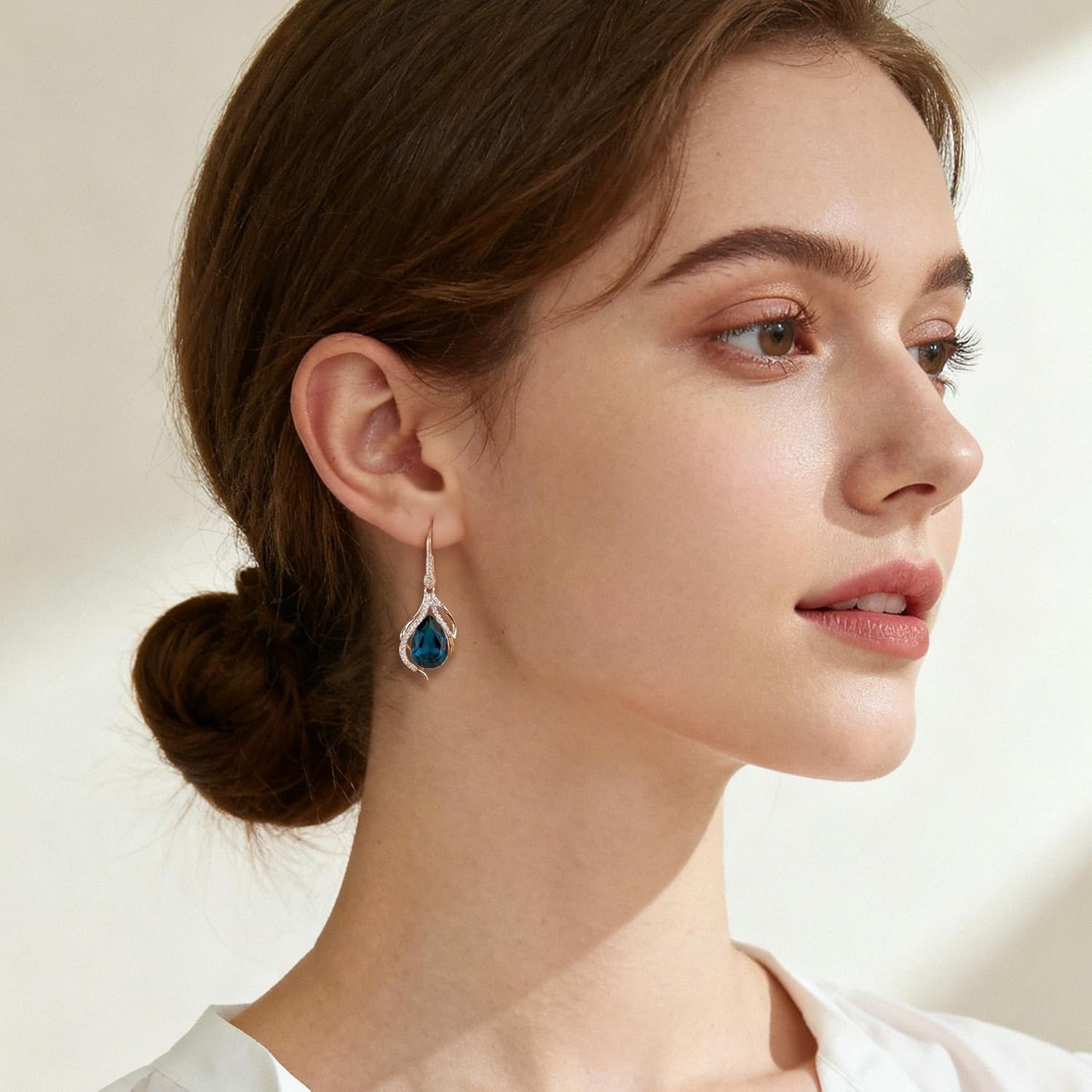 Austrian Crystal Hollow Teardrop Halo Drop Twisted Dangle Earrings for Women 14K Rose Gold Plated Hypoallergenic Jewelry - Image 2