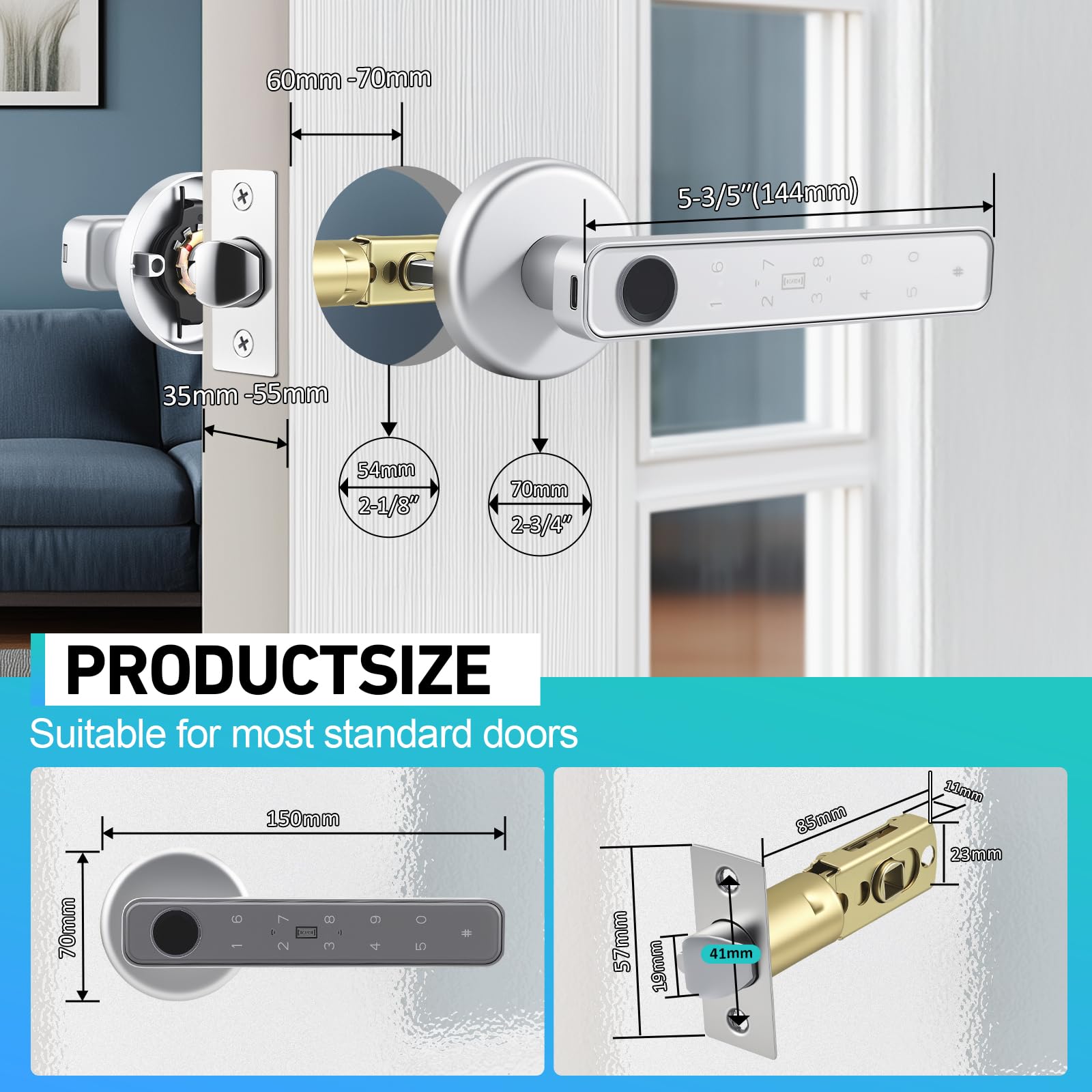 Serrure de porte électrique intelligente avec empreinte digitale, Smart Lock pour porte intérieure – Serrure électronique à empreinte digitale avec Bluetooth, mot de passe, application, carte IC et