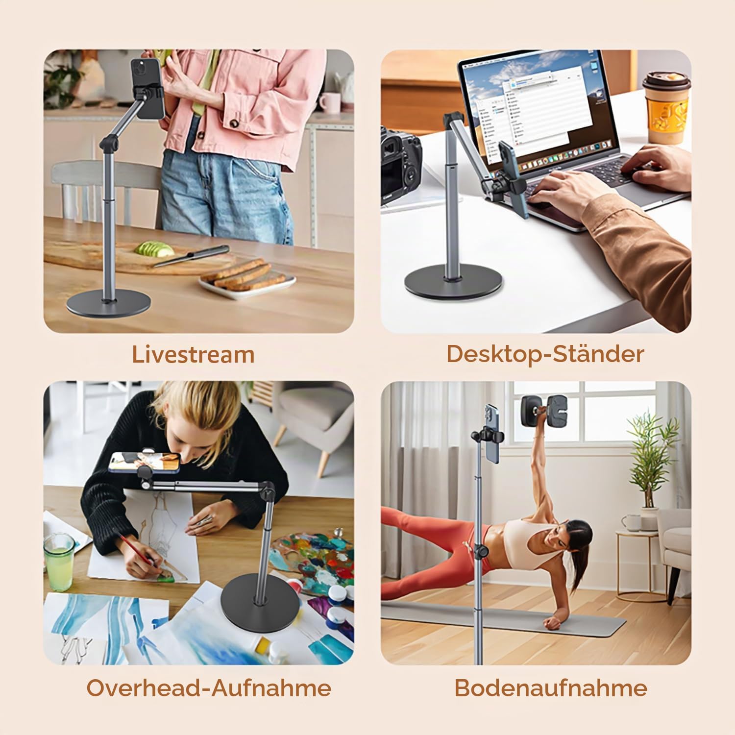 yAyusi Overhead Stativ Handy für iPhone, 30 cm Lang Handyhalterung Zum Filmen, 360° Drehbarer Verstellbar und Handy Stativ Tisch, Geeignet für Live-Übertragungen, Meetings, Kochen, Videoaufnahmen