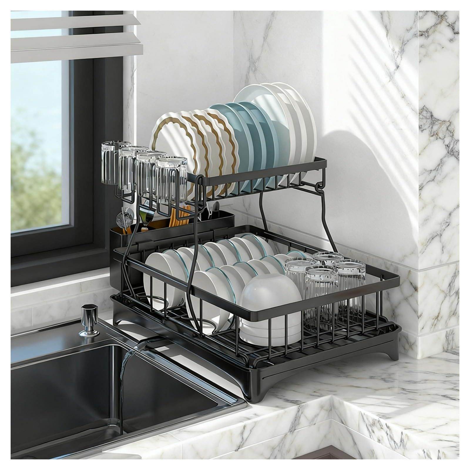 Escurridores de Platos,escurridor Platos con escurridor,Organizador 2 Niveles Gran Capacidad,encimera Cocina Acero al Carbono Resistente para Platos,tazones y Tazas(2 Niveles)