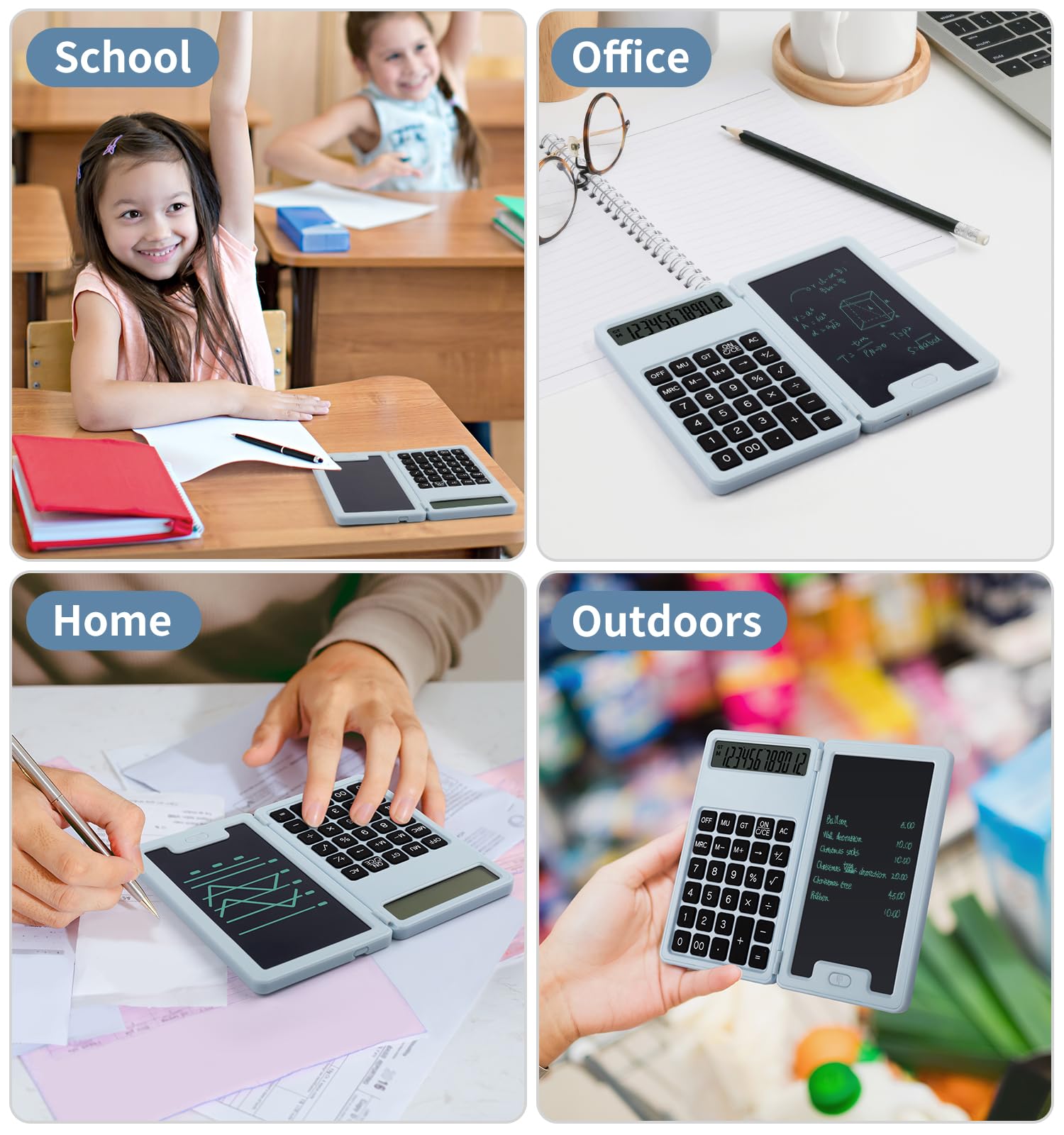 Calculadora básica portátil de escritorio con bloc de notas y lápiz capacitivo, pantalla grande de 12 dígitos, multifunción para oficina, escuela, hogar y finanzas básicas (azul)