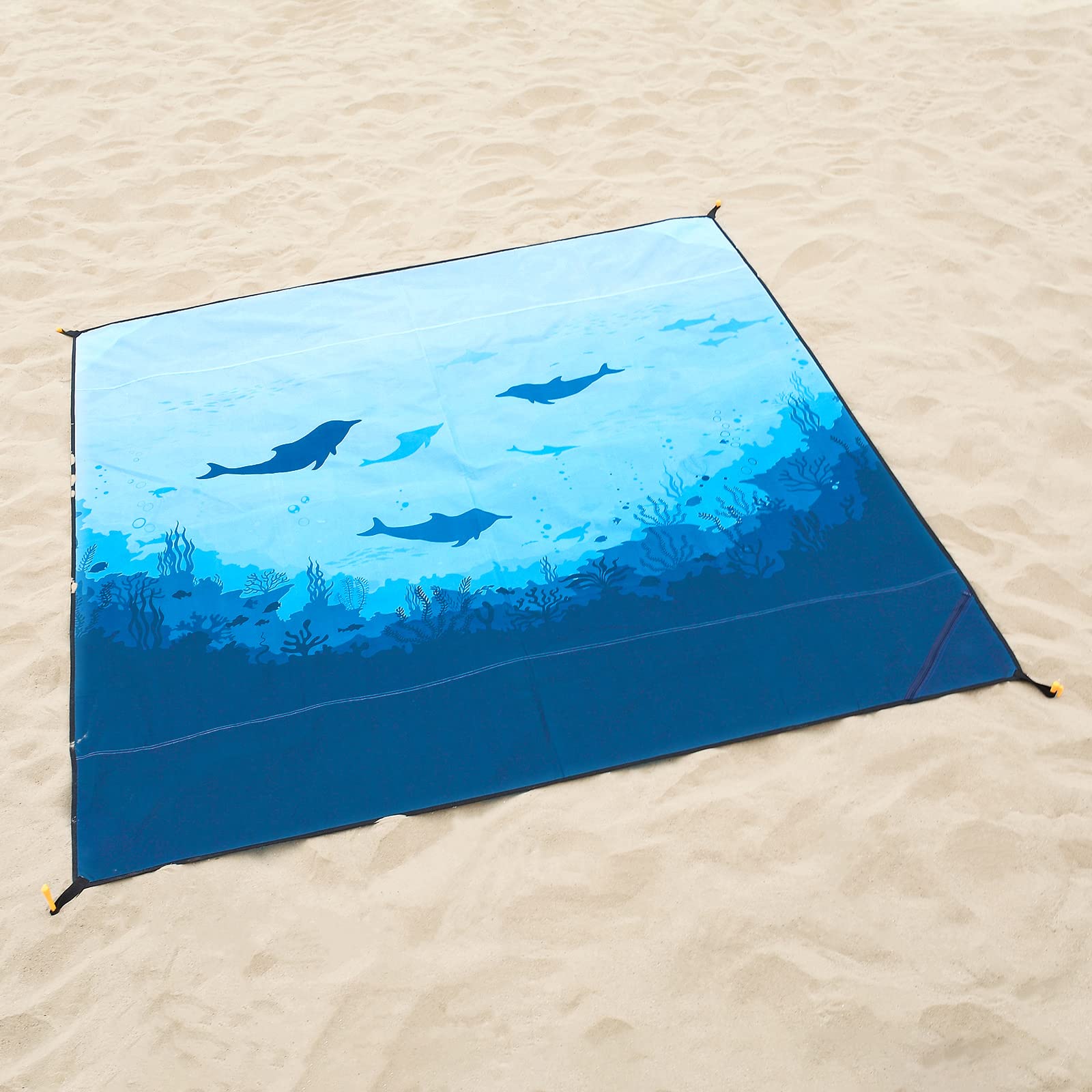 DEWUR Koc plażowy XXL, odporny na piasek, wodoszczelny, mata plażowa, koc piknikowy, duży na urlop, plażę, kemping, podróż (210 x 200 cm, morskie ryby)