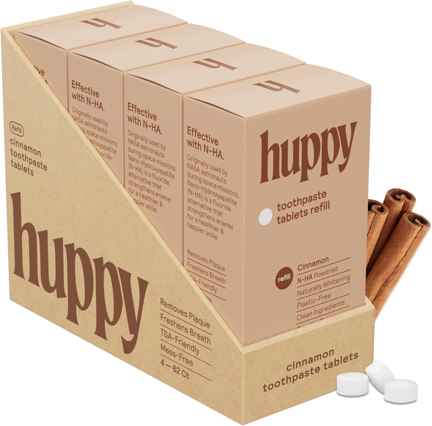 HUPPY Toothpaste Tablets, Nano Hydroxyapatite Toothpaste - Natural Whitening, Fluoride Free and Remineralizing Tablets - Travel Hydroxyapatite Tabs, Cinnamon Flavor (4 Month Refill no Refillable Tin)