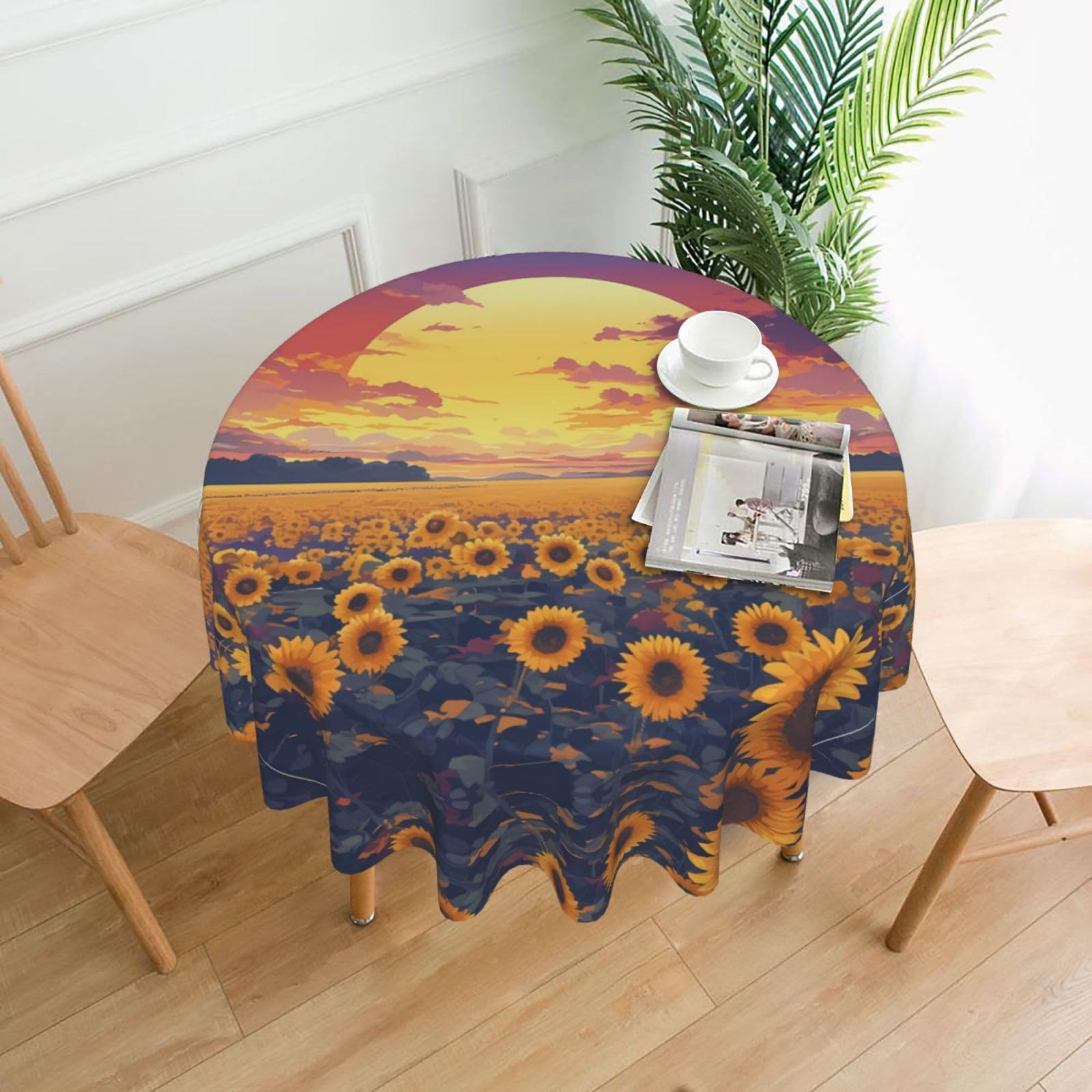HLBSDM Sunflower in the Sunset Printed Practical Round Tablecloth, Durable, Suitable for Home, Restaurant, Hotel, Gathering, and Decorative Table Covers