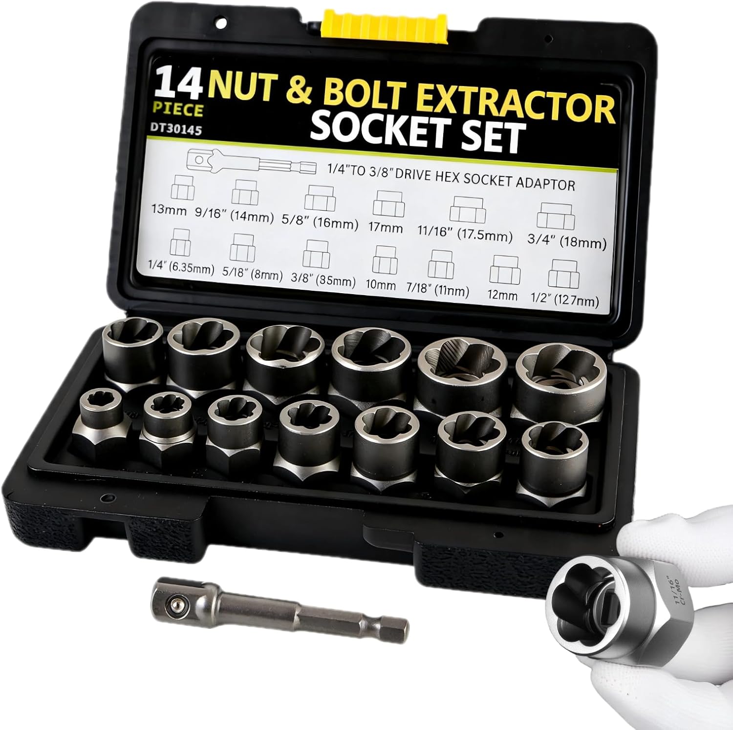 14 Piece Bolt Extractor Kit, 3/8" Drive Impact Lug & Nut Remover Socket Tool Set,Cr-Mo Steel for Removing Rusted, Stripped, Seized Nuts and Bolts
