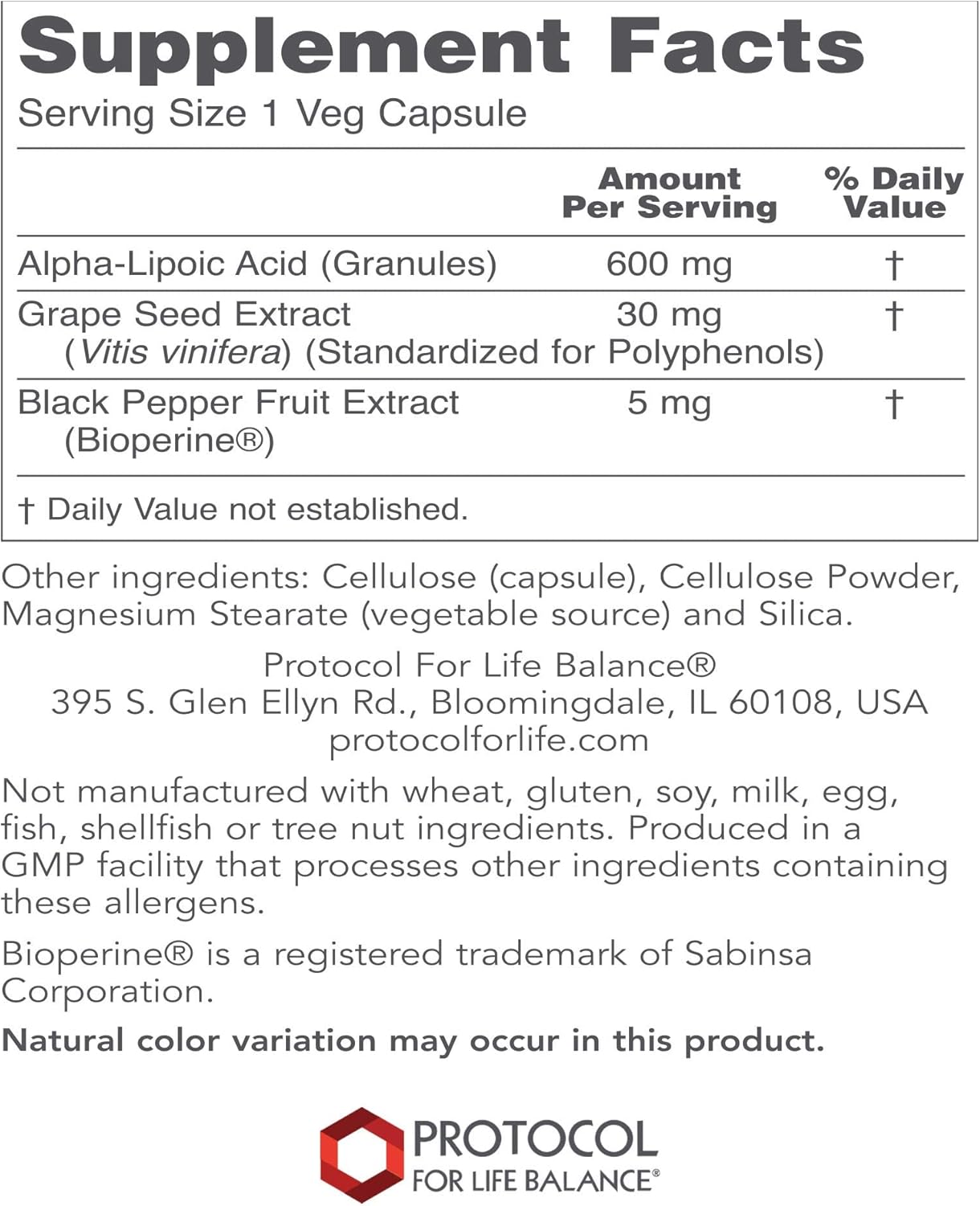 Protocol Alpha Lipoic Acid 600mg - Grape Seed Extract and Bioperine - 60 Veg Caps