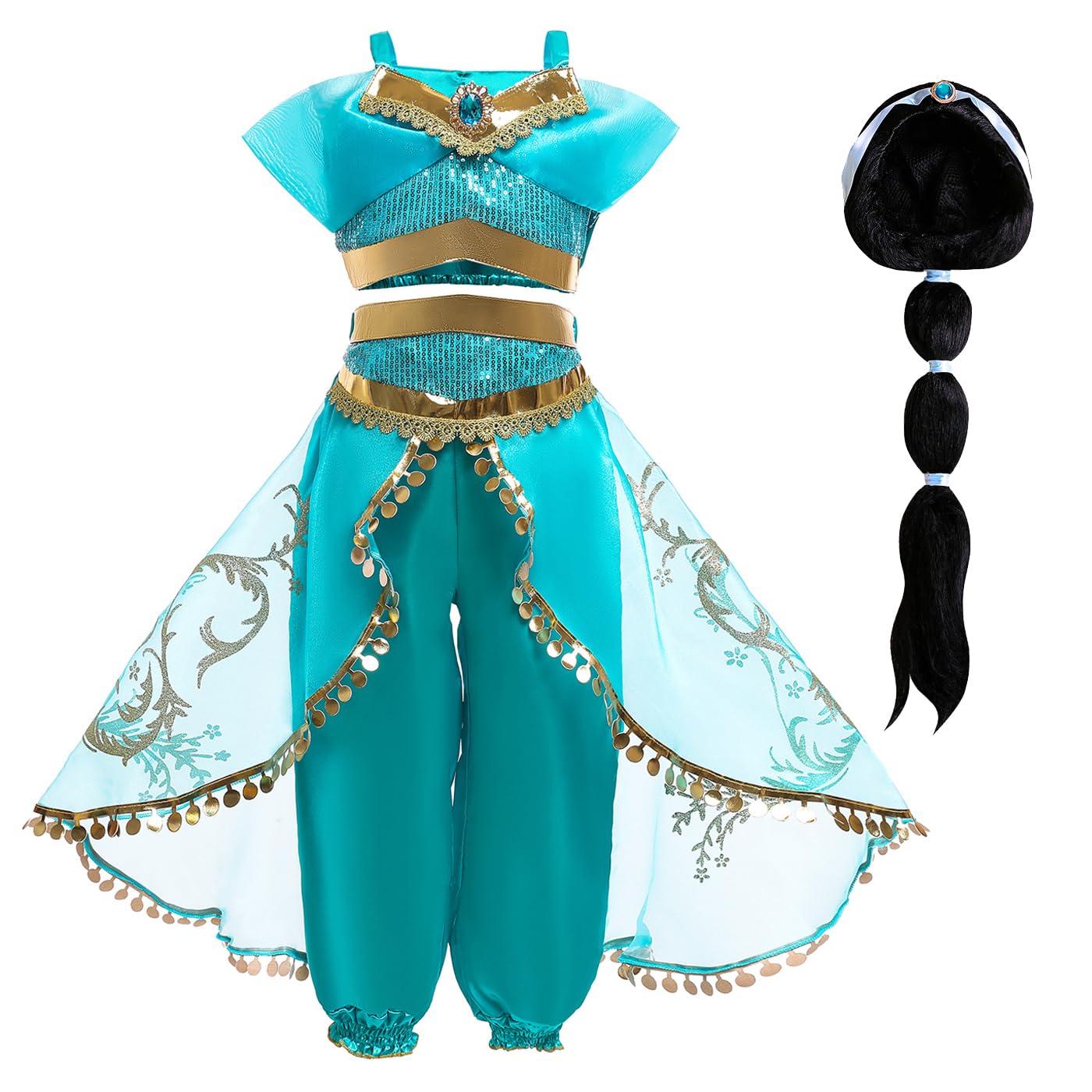 Emin Niñas Jazmín Princesa Vestidos Aladdin Princesa Disfraz con Peluca Vestido de Princesa para Niños Cumpleaños Fiesta Cosplay Halloween Navidad Carnaval Vestirse