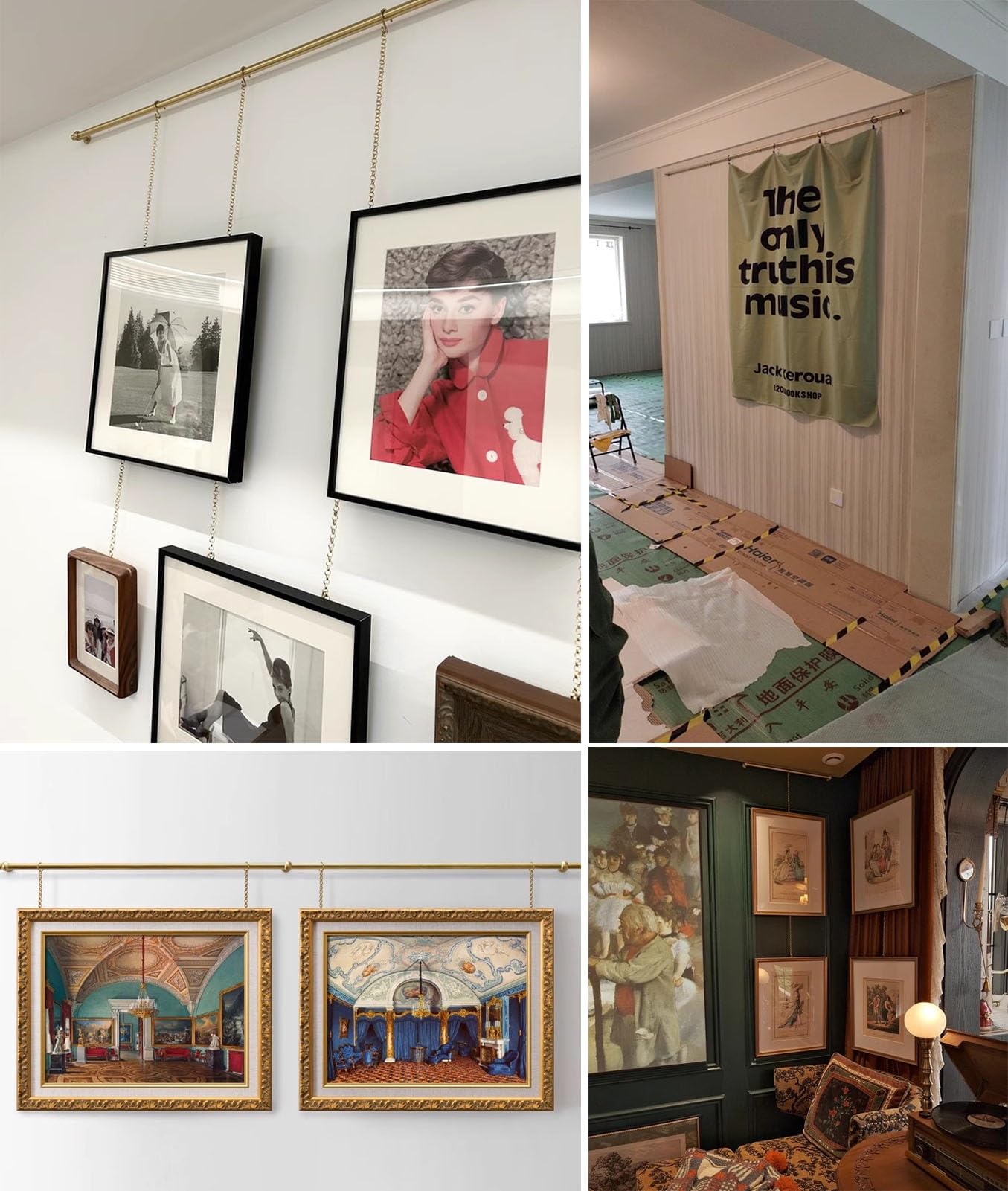 Colgar Cuadros Kit de Alambre de Latón para Colgar Cuadros/riel de Galería | Colgadores de Estilo Francés para Decoración de Pared, Barra de Suspensión para Marcos de Fotos de 120, 140, 150, 160 y 220cm