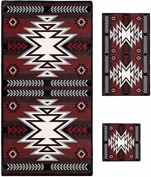 Red Black 3 Piece Bath Towels Set, Southwest Geometric Aztec Farmhouse Tribal Soft Absorbent Bathroom Shower Towels Luxury Set with 1 Bath Towel, 1 Hand Towel, 1 Washcloth