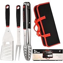BBQ Tools Set, 4 PCS Heavy Duty Stainless Steel Spatula, Fork, Tongs with Portable Bag, Essential Accessories for Barbecue Outdoor Grill, Grilling Gifts for Men Dad Camp Chef