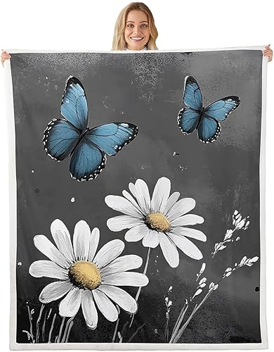 Manta de franela de flores de margarita, manta de vellón de pétalos florecientes blancos rústicos para decoración de habitaciones, manta de mariposa