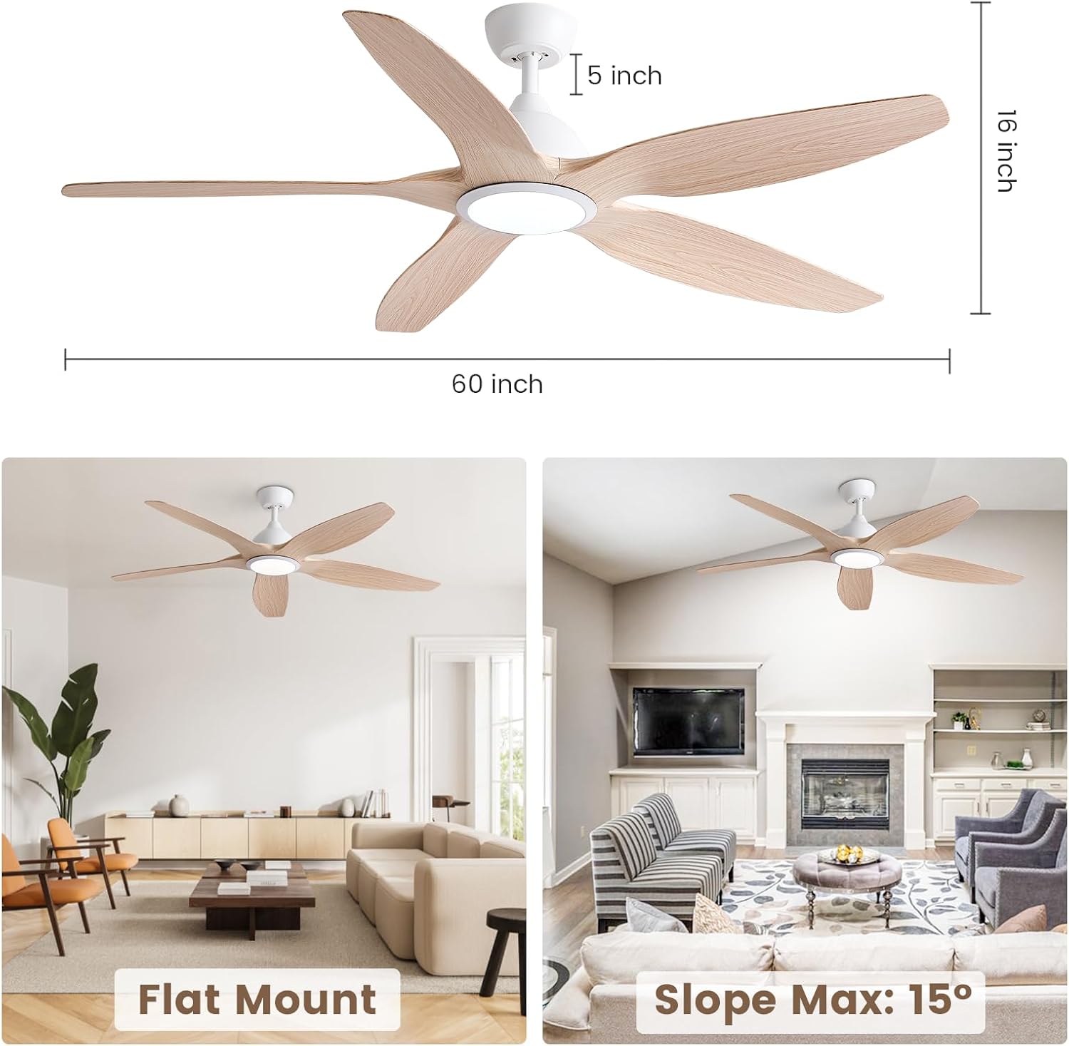 Newday Solid Wood 60 Inch Ceiling Fan with LED Light & Remote Control - Wood Blades, Dimmable 3CCT, 6-Speed Ultra Quiet DC Motor for Large Room, Bedroom, Living Room, Patio (Damp Rated & DOE Listed)