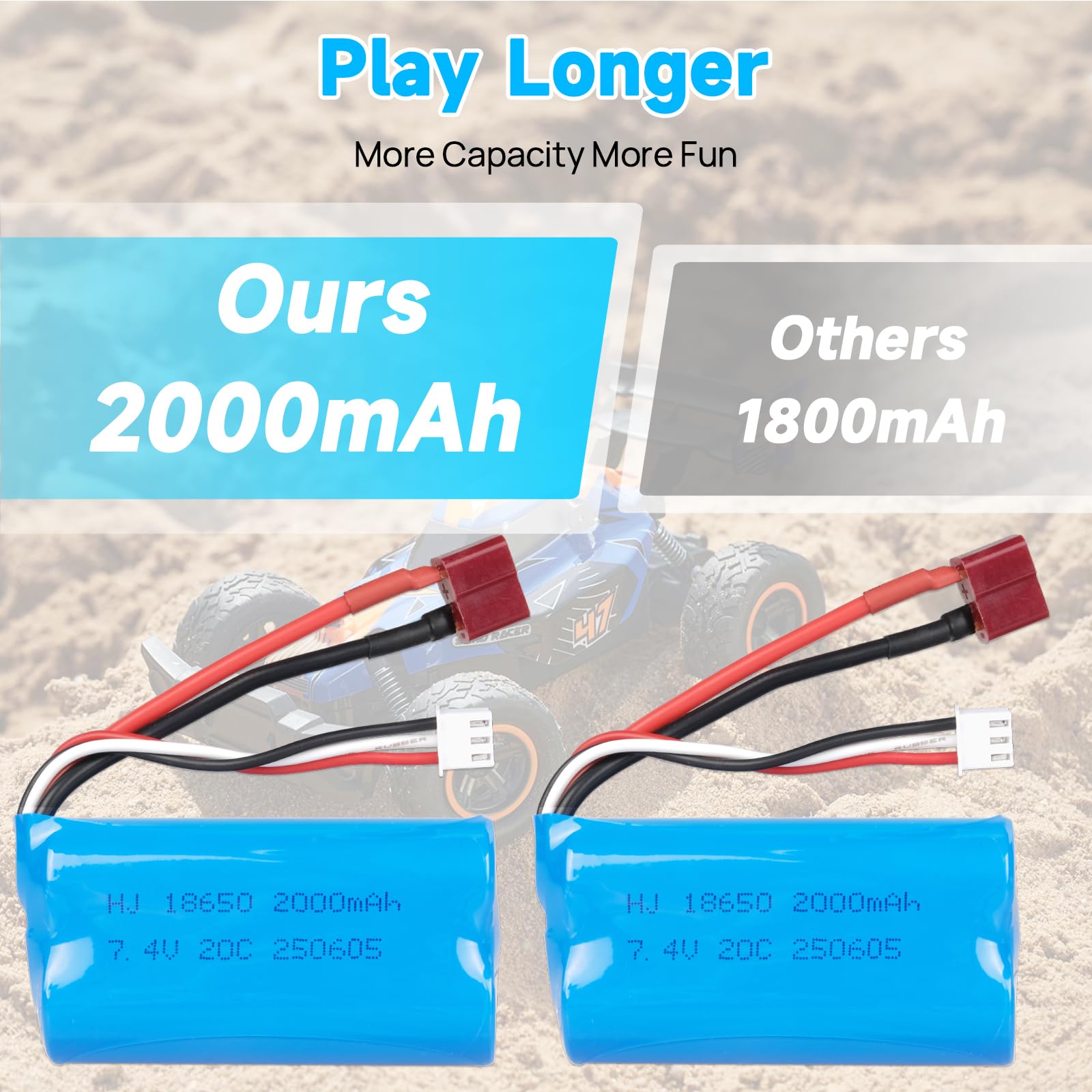 Zestaw akumulatorów 2 szt. 7,4 V 2000 mAh ze złączem T Dean i ładowarką USB, akumulator litowy 2S do samochodów WLtoys 4WD High-Speed RC oraz samochodów RC i ciężarówek