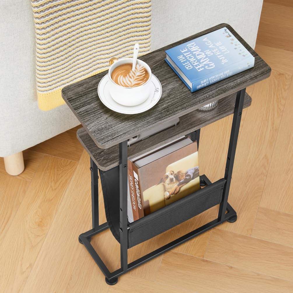 Narrow Small Side Table for Small Spaces - Slim End Table with Magazine Rack - Narrow End Table Living Room Couch Side Table- Skinny Bedside Table Nightstand Bedroom Thin Side Table (Grey)