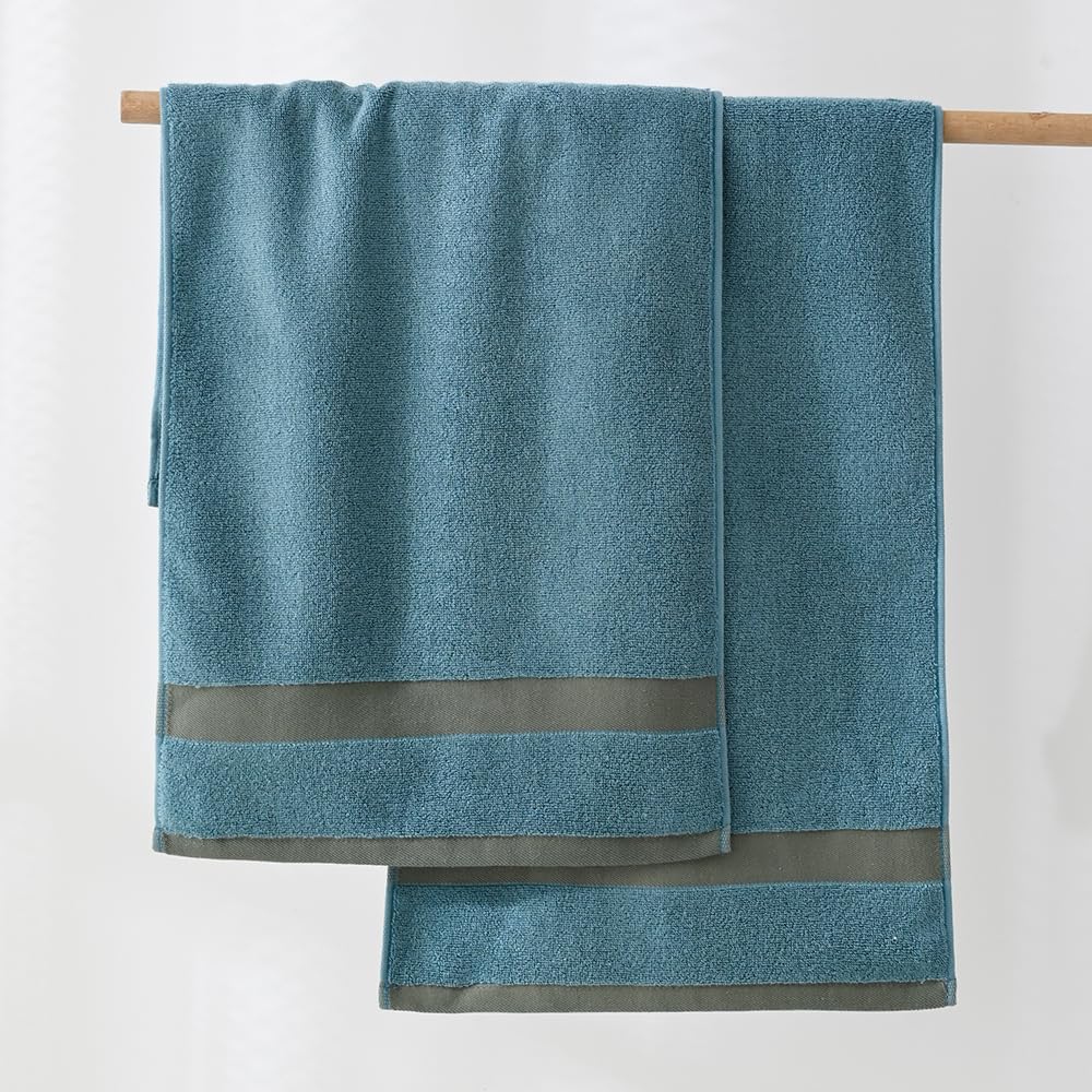 YiLUOMO Blue Hand Towel Set of 2 with Contrast Woven Band Super Soft Highly Absorbent 100% Cotton Quick Dry Decorative Towels for Bathroom Decor 13 x 29 Inch - Image 4