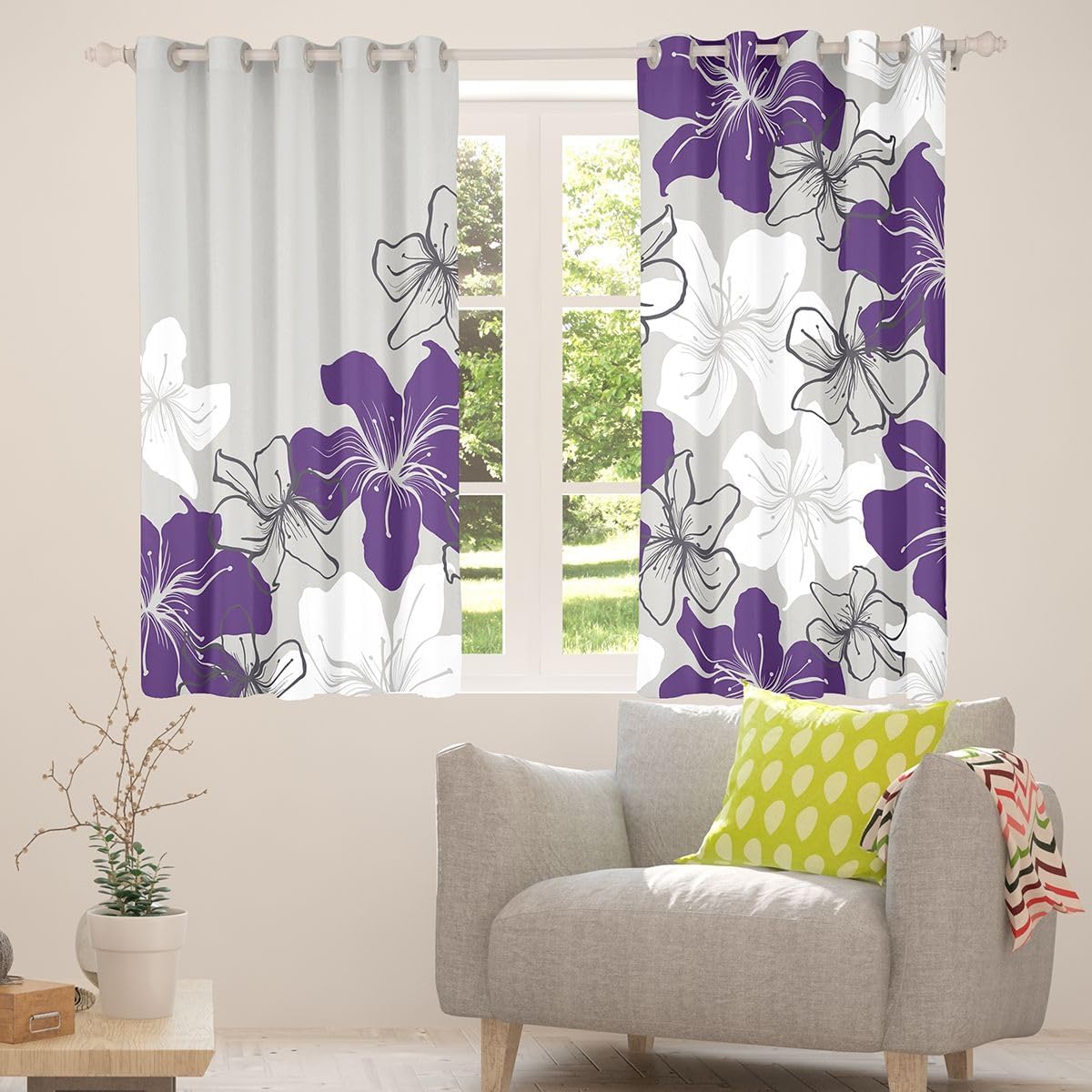 Castle Fairy Purple and White Flowers Blackout Window Curtains for Kids Girly,Modern Simple Floral Plant Soft Window Drapes,Abstract Geometric Patchwork Window Treatments Grommet Top 2 Panel Set