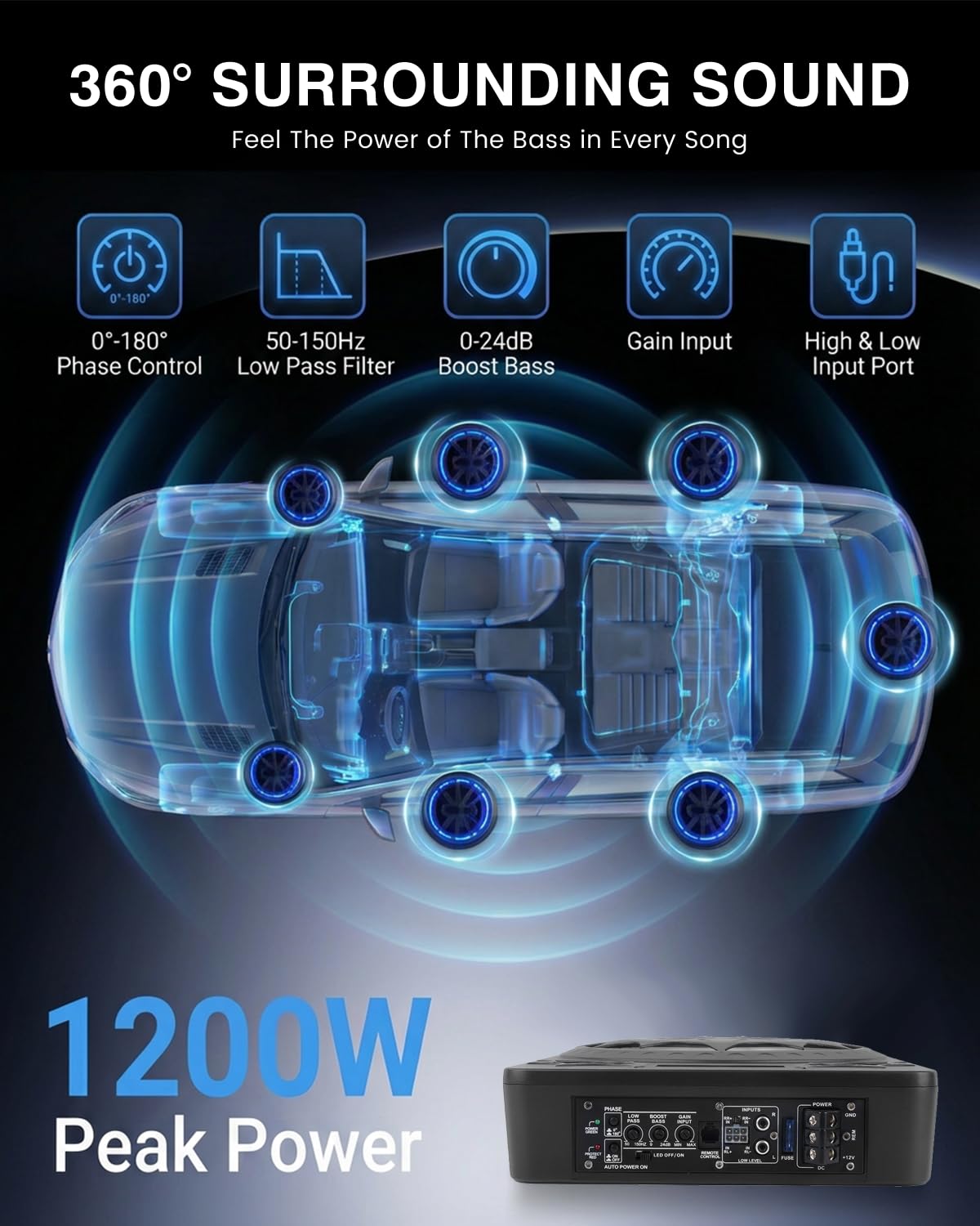 Subwoofer Activo para Coche, Que se Puede Instalar Debajo del Asiento, con una Potencia Máxima de 1200 Vatios, Amplificador Integrado y Luces Ambientales RGB Controlables a Través de Una Aplicación