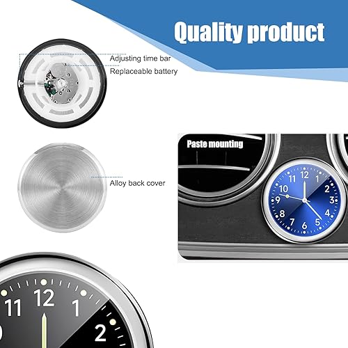 Miniatura 3 de Slykew 2 relojes mini luminosos para automóvil, reloj redondo de metal decorativo de 1.5 pulgadas para tablero, universal, impermeable, accesorios