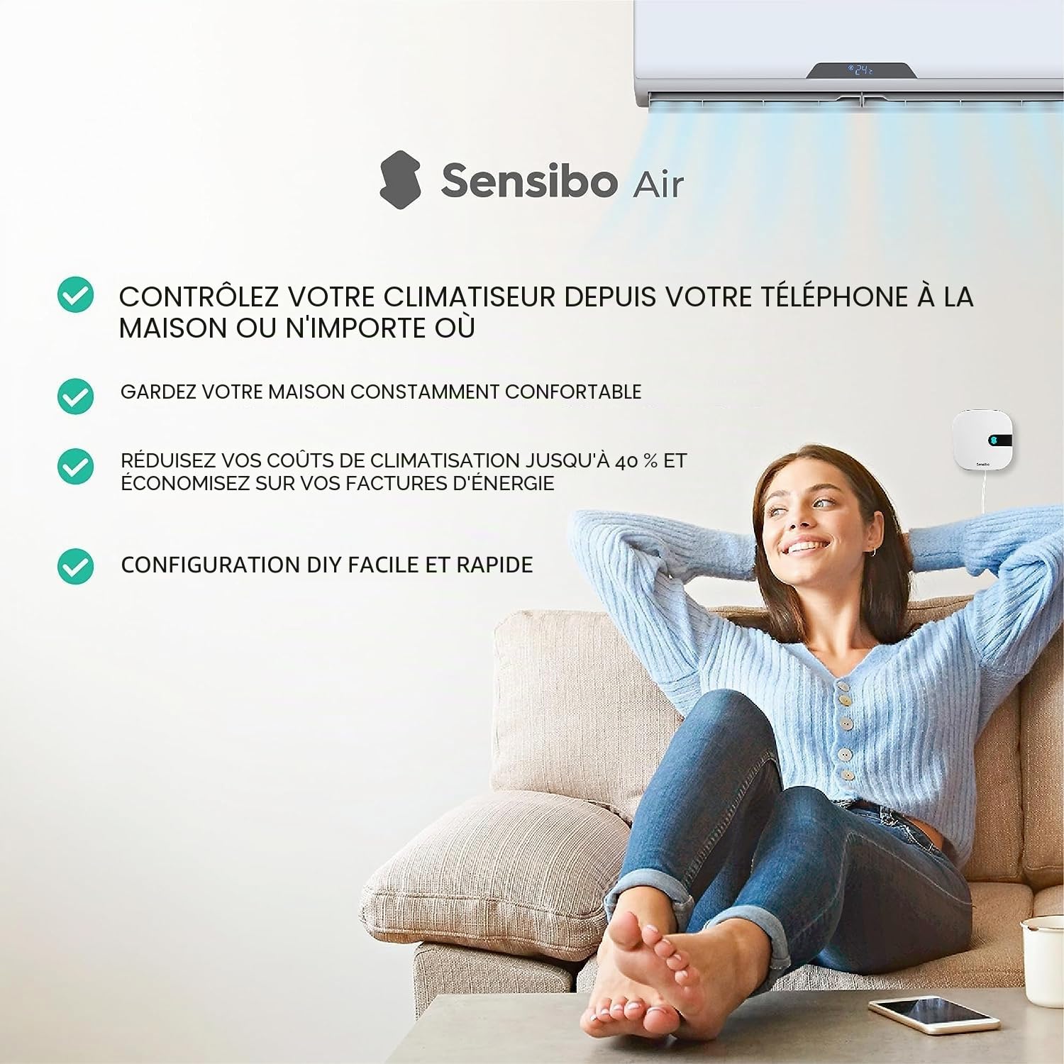 Sensibo Air - Contrôleur intelligent sans fil pour climatiseur. Installation facile. Confort optimal. Application pour contrôle Wifi auto du thermostat. Compatible Google, Alexa, Siri et Apple HomeKit
