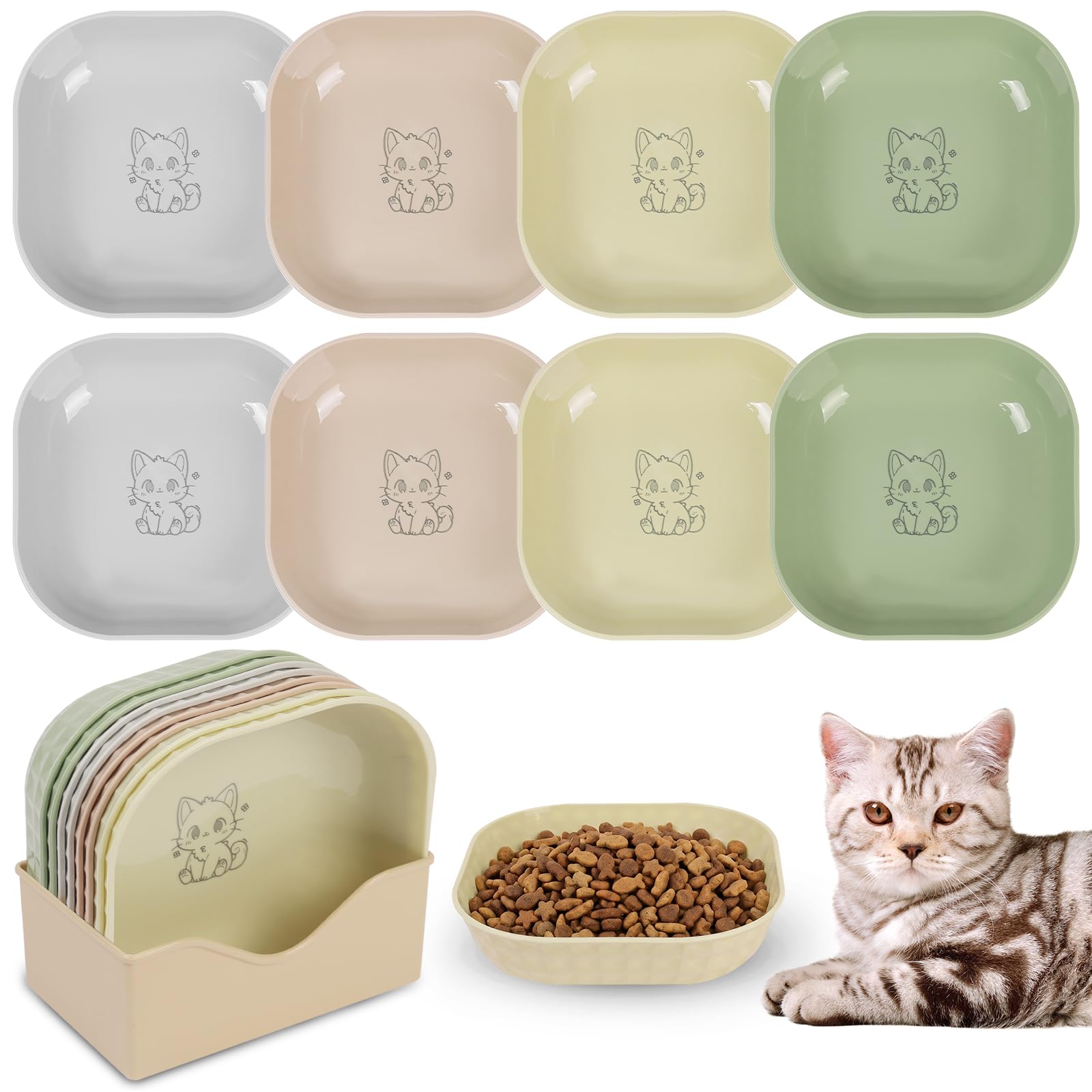 Alaoo 8pcs Plastic Cat Food Bowls Square with Storage Box Four Colors