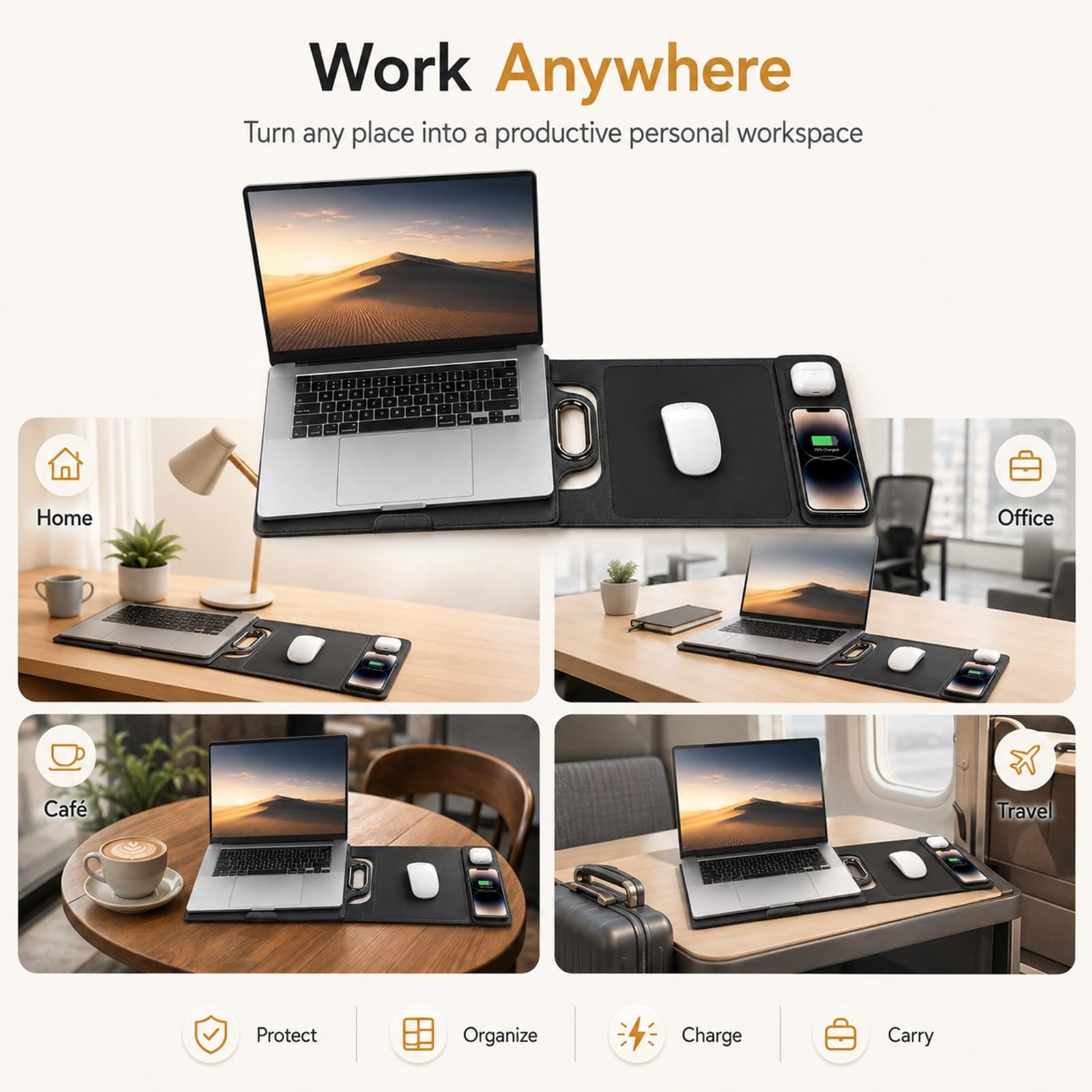 Custodia for Workstation Mobile All-in e Borsa for Laptop Pieghevole | Tappetino for Mouse con Ricarica Wireless Rapida 15W e Organizer Ergonomico da Viaggio for Professionisti(Nero,Dual)