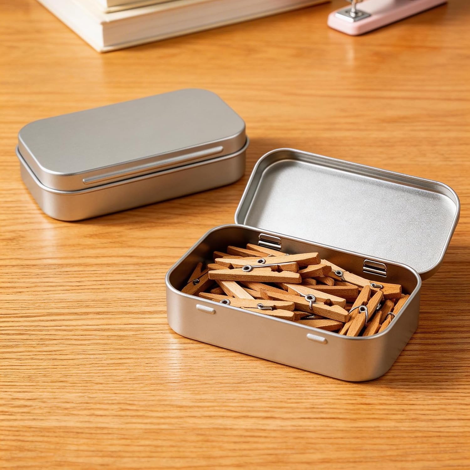 100 PCS Small Rectangular Hinged Tin, 3.7 x 2.3 x 0.8 inch Empty Tins Box, Metal Box Hinged Containers with Lid for Candies, Crafts, Jewelry