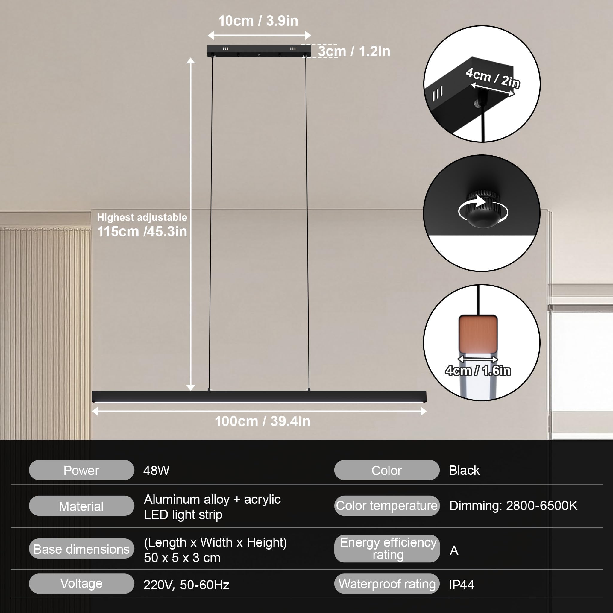 FIVMEN Hängelampe Pendelleuchte Esstisch 48W Esszimmerlampe Hängend Höhenverstellbar Moderne LED Hängeleuchte Schwarz Esstischlampe Dimmbar für Esszimmer Wohnzimmer Küche, 120cm