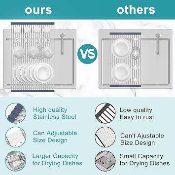 BBXTYLY Extra Large Expandable Roll Up Dish Drying Rack,Over The Sink Drying Rack Sink Cover Kitchen Sink Accessories Kitchen Rolling up Stainless Steel Drainer, Foldable,Rollable(Gray,22.8'-17.3'')