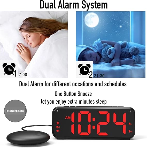Extreme Powerful Vibration Alarm Clock + Extra Loud Alarm for Heavy Sleeper/Deaf/Hearing Impaired, Extra Large Display for Elderly with Dual Alarm, Snooze and 5-level Adjustable Brightness (BLACK)