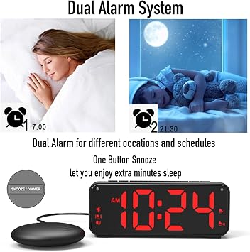 Extreme Powerful Vibration Alarm Clock + Extra Loud Alarm for Heavy Sleeper/Deaf/Hearing Impaired, Extra Large Display for Elderly with Dual Alarm, Snooze and 5-level Adjustable Brightness (BLACK)