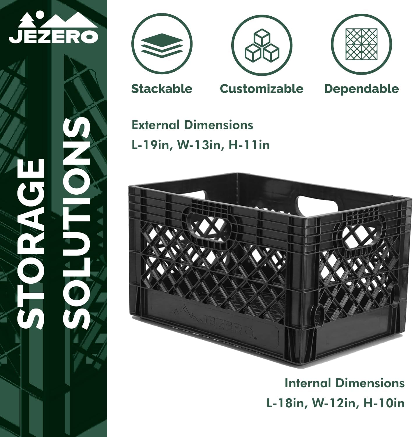 JEZERO 24 Quart Heavy Duty Plastic Crate | Stackable Multi-Purpose Storage Bin for Garage, Home, Office, Groceries, Outdoor, Camping & Kayaking | Black Utility Tote, 19" x 13" x 11" - Image 2