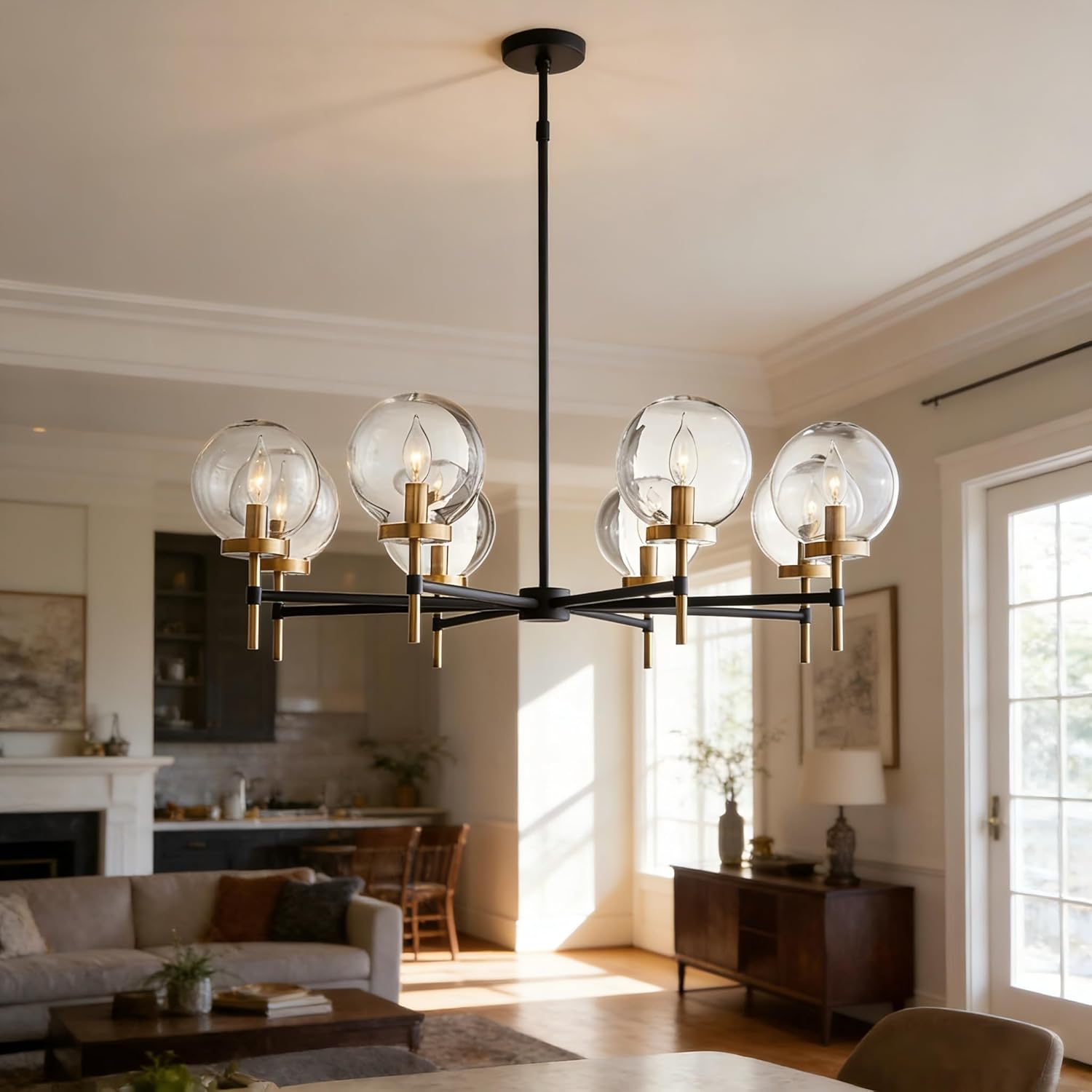 Mid-Century Modern Blown Glass Globe Chandelier, Two-Toned Metals Light Fixture for Dining Room, Sitting Room, Living Room (Small - 36" Diam.)
