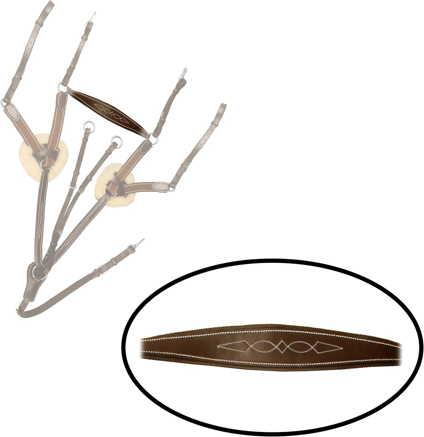 Leather 5‑Point Breastplate for Horses with Running Martingale – Exion English Breast Collar in Vegetable‑Tanned Leather with Original Fur Padding & Brass Gold Hardware