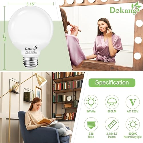 Miniatura 10 de Paquete de 8 bombillas LED G25 para baño, luz diurna de 5000 K, base E26, equivalente a 60 W, bombillas redondas de 5 W, 500 lm, CRI 85+, no