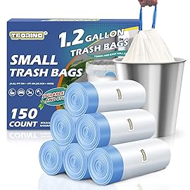 T.FORING 150 Count 1.2 Gallon Trash Bags Drawstring - Strong Mini Garbage Bags Unscented,4.5 Liter White Wastebasket Can Liners for Home Bathroom Office Car