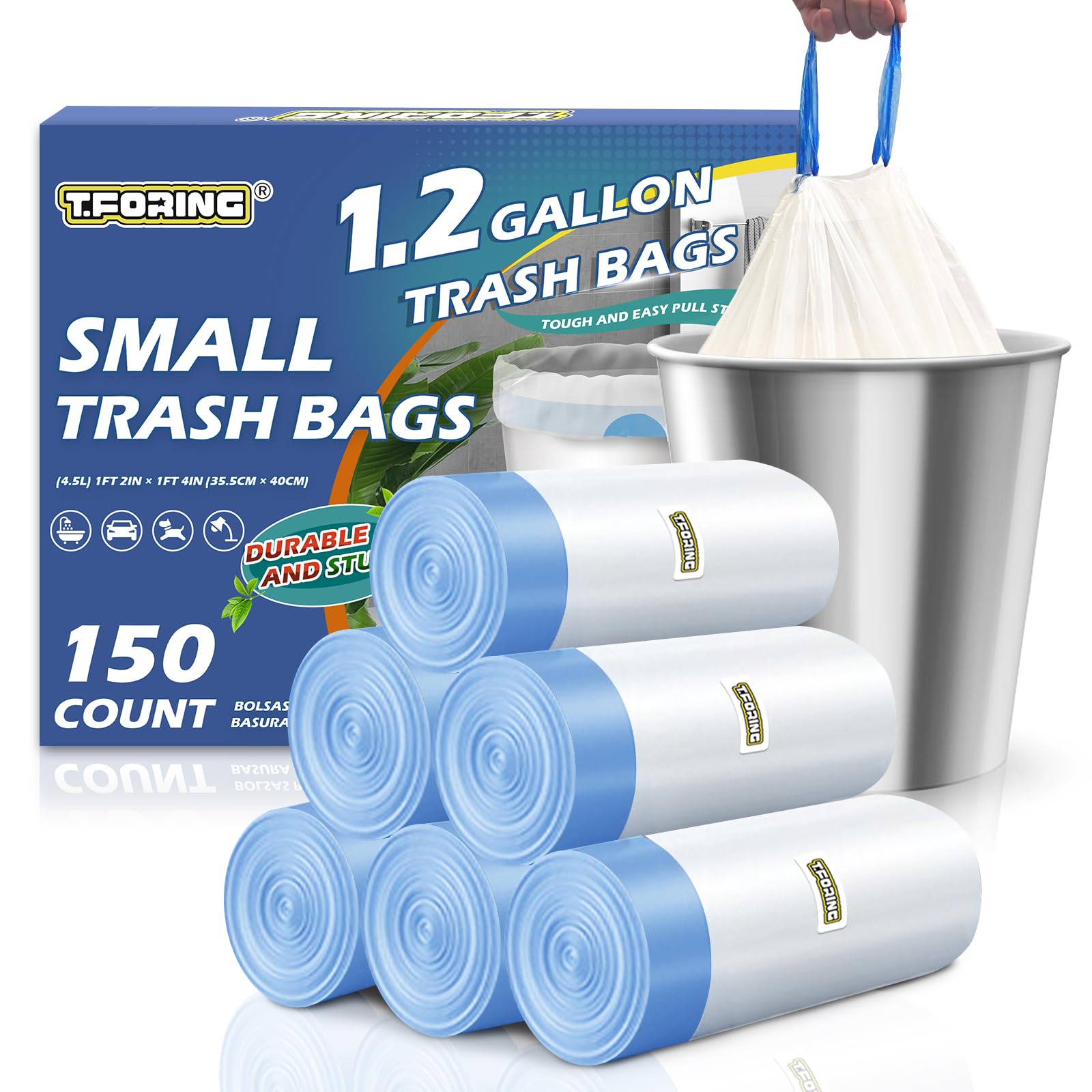 Mini sacchetti della spazzatura da 1,2 galloni con coulisse, 150 sacchetti per la spazzatura spessi e piccoli, non profumati, bianchi, resistenti, 4,5 litri, per casa, bagno, ufficio, auto