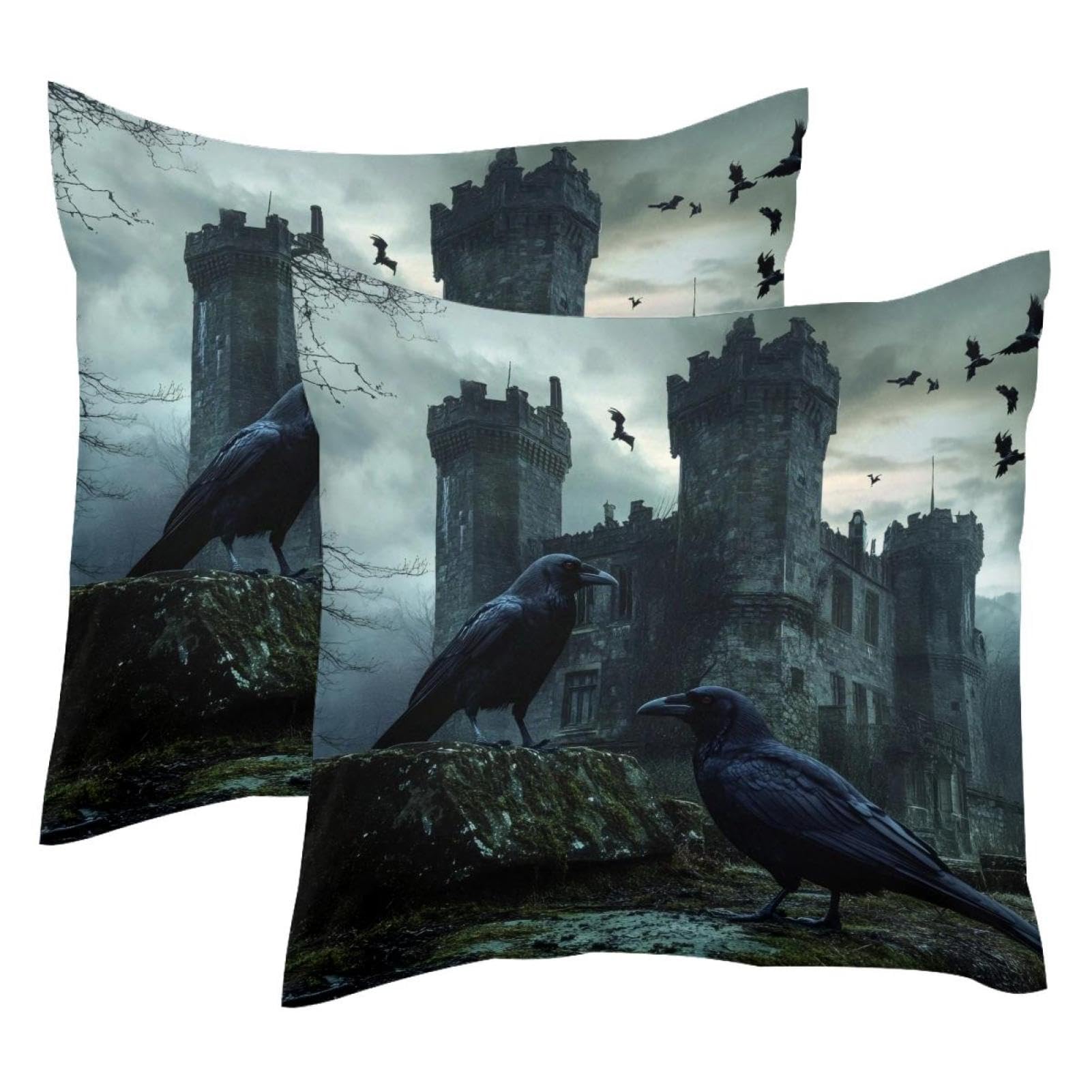 Housses de coussin velours 50x50 cm motif corbeaux noirs taie salon