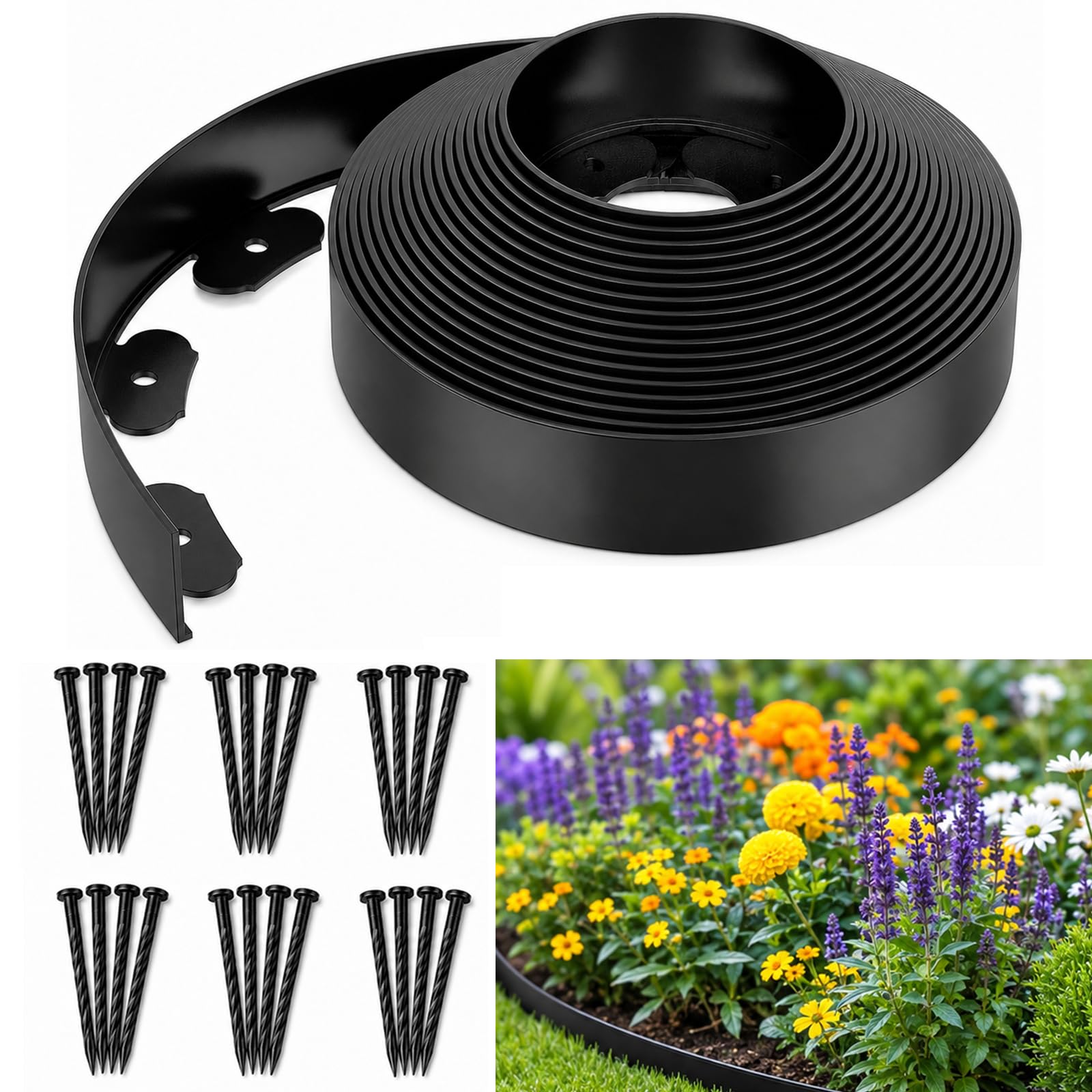 10m Long 10cm High Lawn Edging Border, Flexible No Dig Edge with 30 Pegs